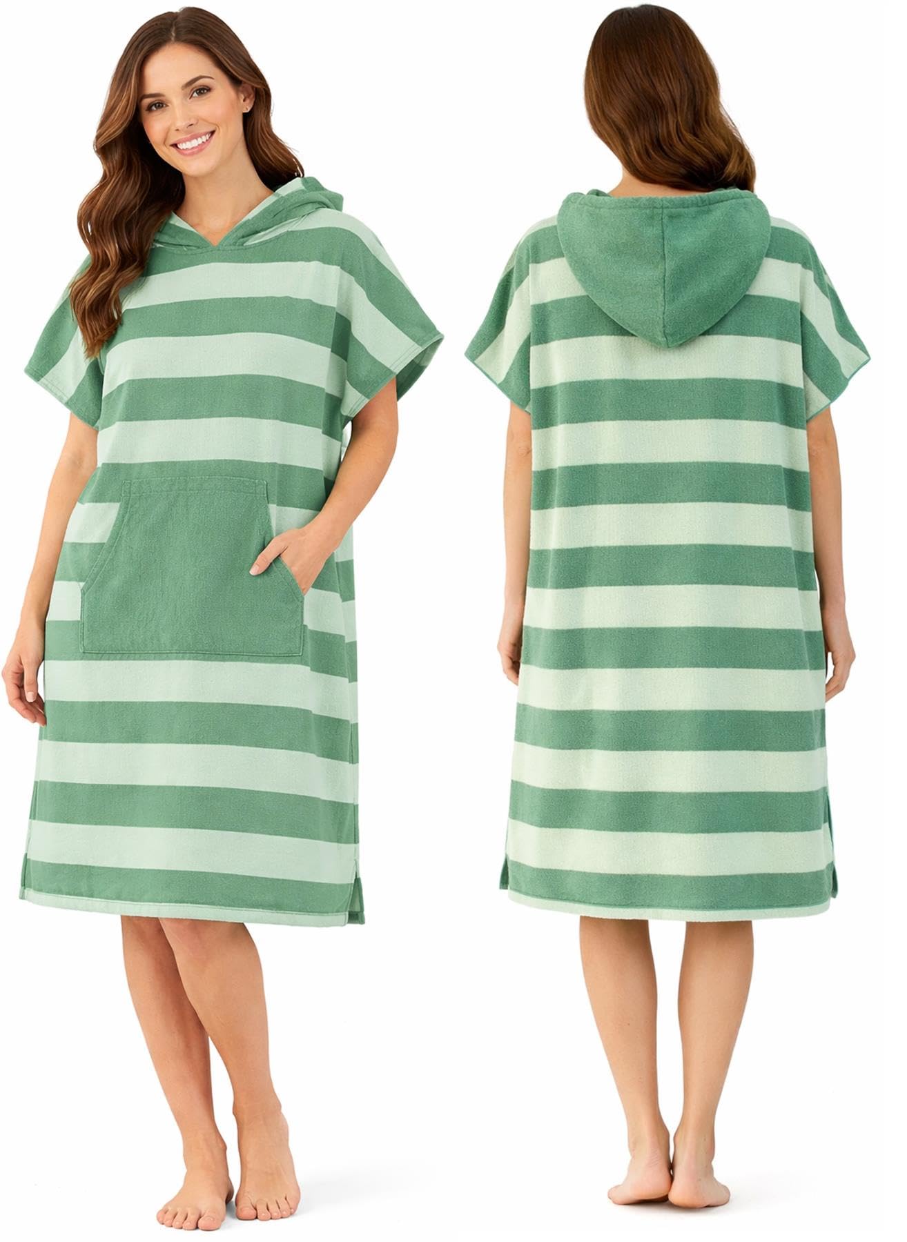 Microfibre Changing Robe Poncho - Quick Dry Hooded Surf Poncho Towel - Lightweight Beach & Swimming Changing Robe for Adult, S-M, Green Stripe