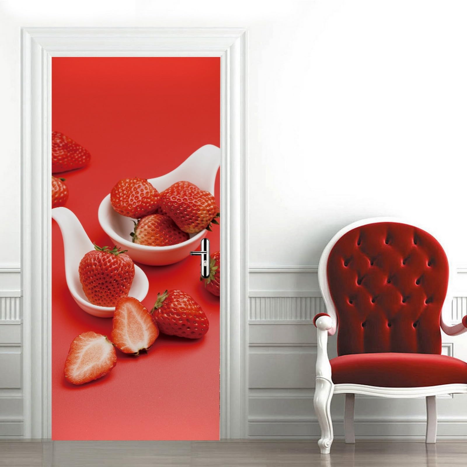 A.Monamour 3D Door Stickers for Interior Doors Fruit Strawberries in Spoons On Pink Background Vinyl Waterproof Self Adhesive Door Mural Decals for Bedroom Office Bathroom 85 x 215cm