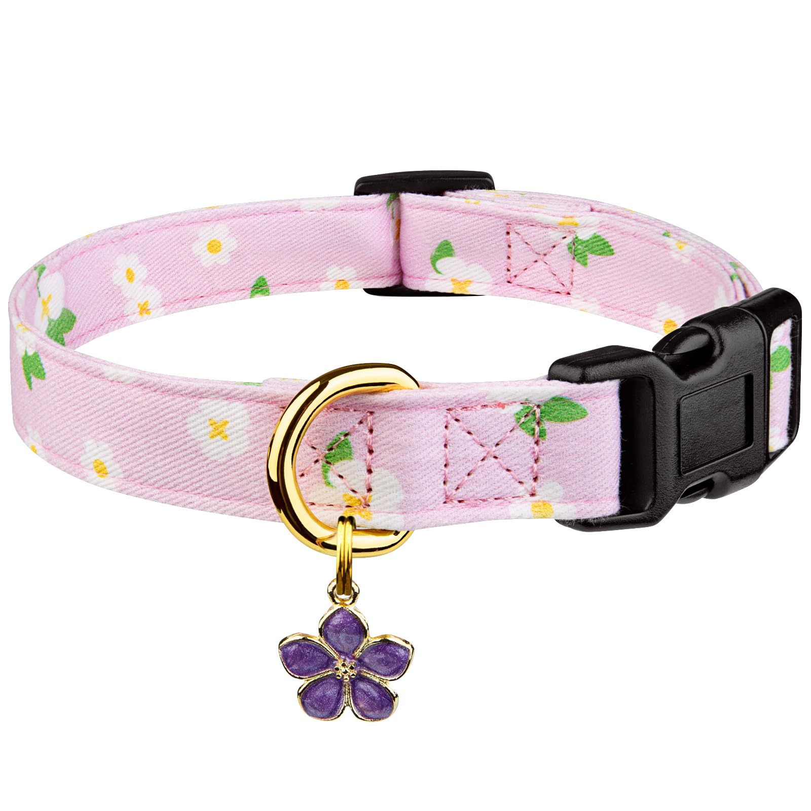 Cotton Handmade Dog Collar Cute and Distinctive Patterns Purple Flower with Pendant for Girl Boy Dogs Collars M