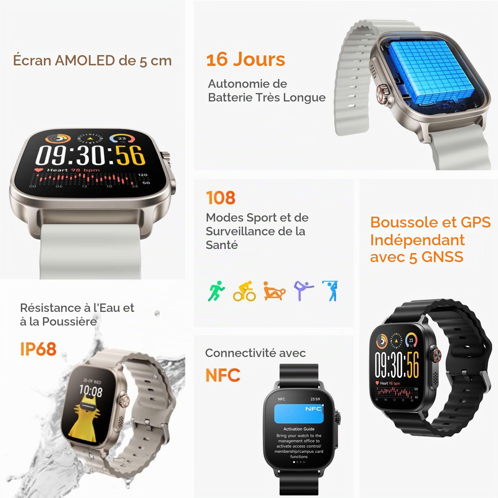 realme Watch 5 Montre Connectée GPS 1.97" AMOLED 14 Jours Autonomie Bluetooth Appels NFC Sport 108 Modes IP68 Homme Femme, Argent