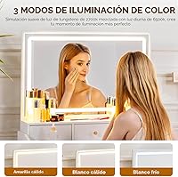 Vista 6 de COMHOMA Escritorio de tocador de maquillaje con espejo y luces, juego de mesa de tocador y silla con 5 cajones y estación de carga, cómoda