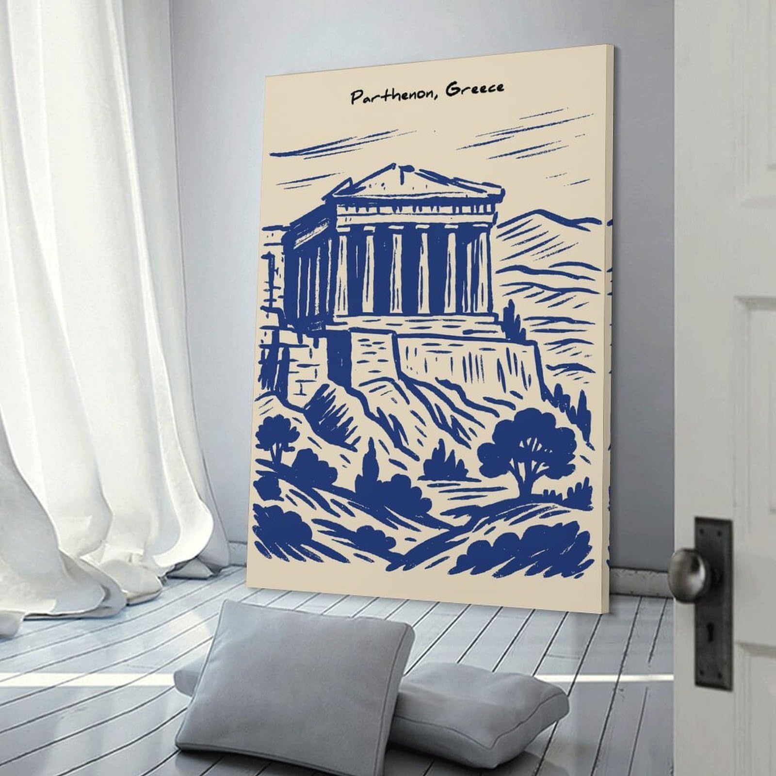 Junmoney Hanging Wall Art Parthenon, Greece Sketch, 24x36inch(60x90cm), for Contemporary Homes, Apartments Or Offices, Stylish Wall Art for Fresh Spaces
