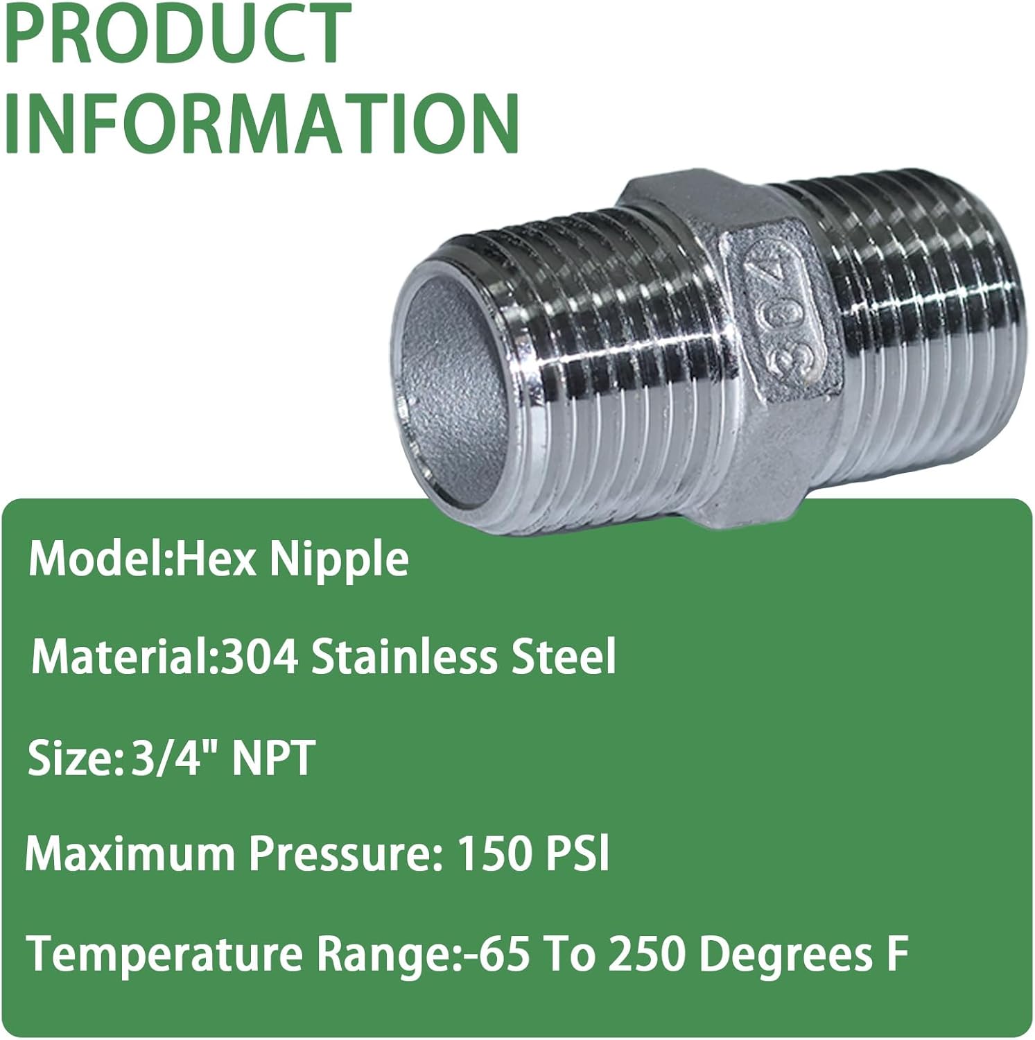 2pcs Male Hex Nipple Pipe Fittings, NPT Threaded Pipe Adapter Fittings Equal Nipples Connectors, Stainless Steel 304 Heavy Duty Straight Male Pipe Fitting Adapter (3/4", 2PCS)