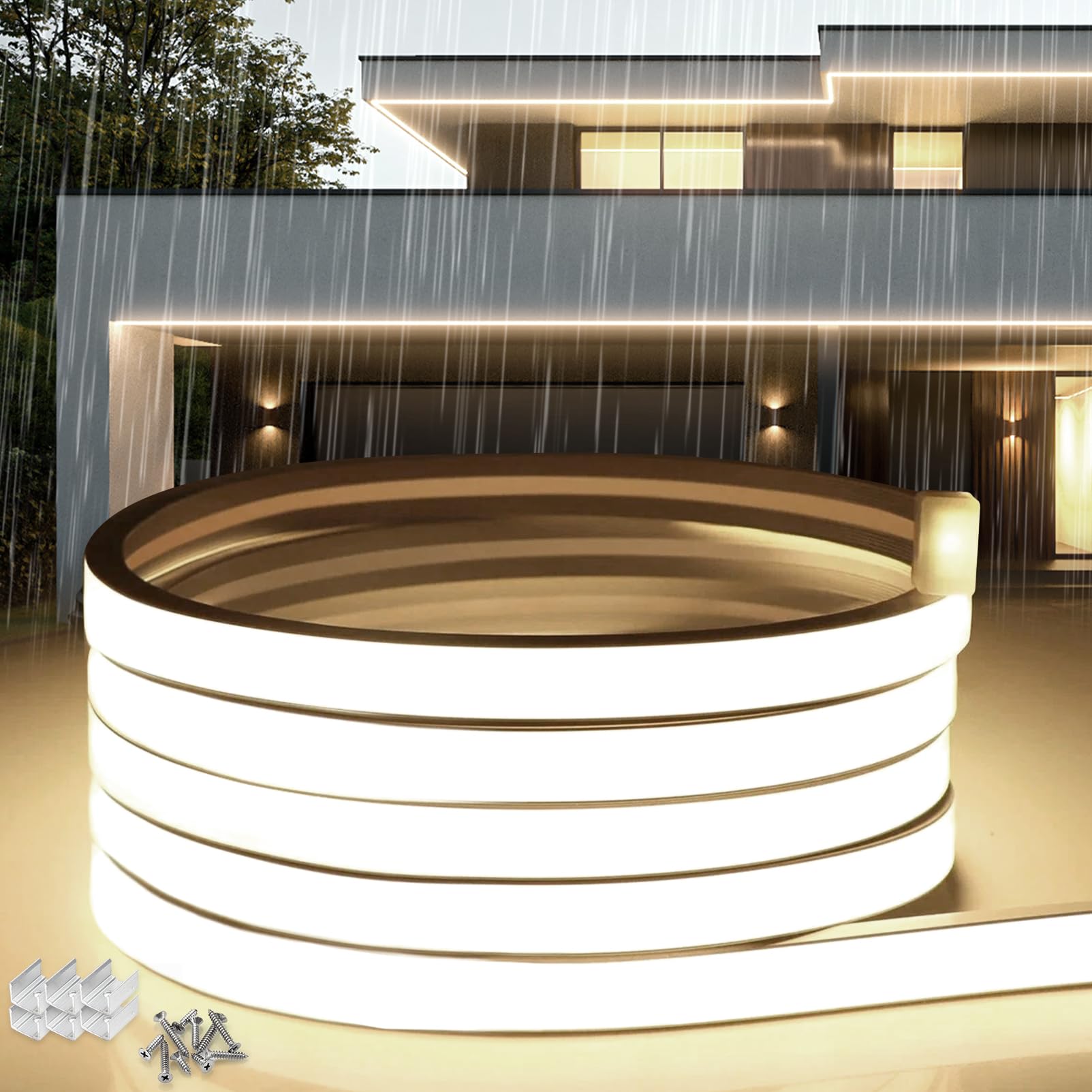 SUCIKORIO Neon LED Streifen 30m, Silikon Wasserdicht Feuerfest IP65 Led Strip Naturweiss 4000K 10mm Led-Lichterkette Außen 230V Flexibler Lichtband Aussenbereich mit Netzteil für Haus, Party, Küche