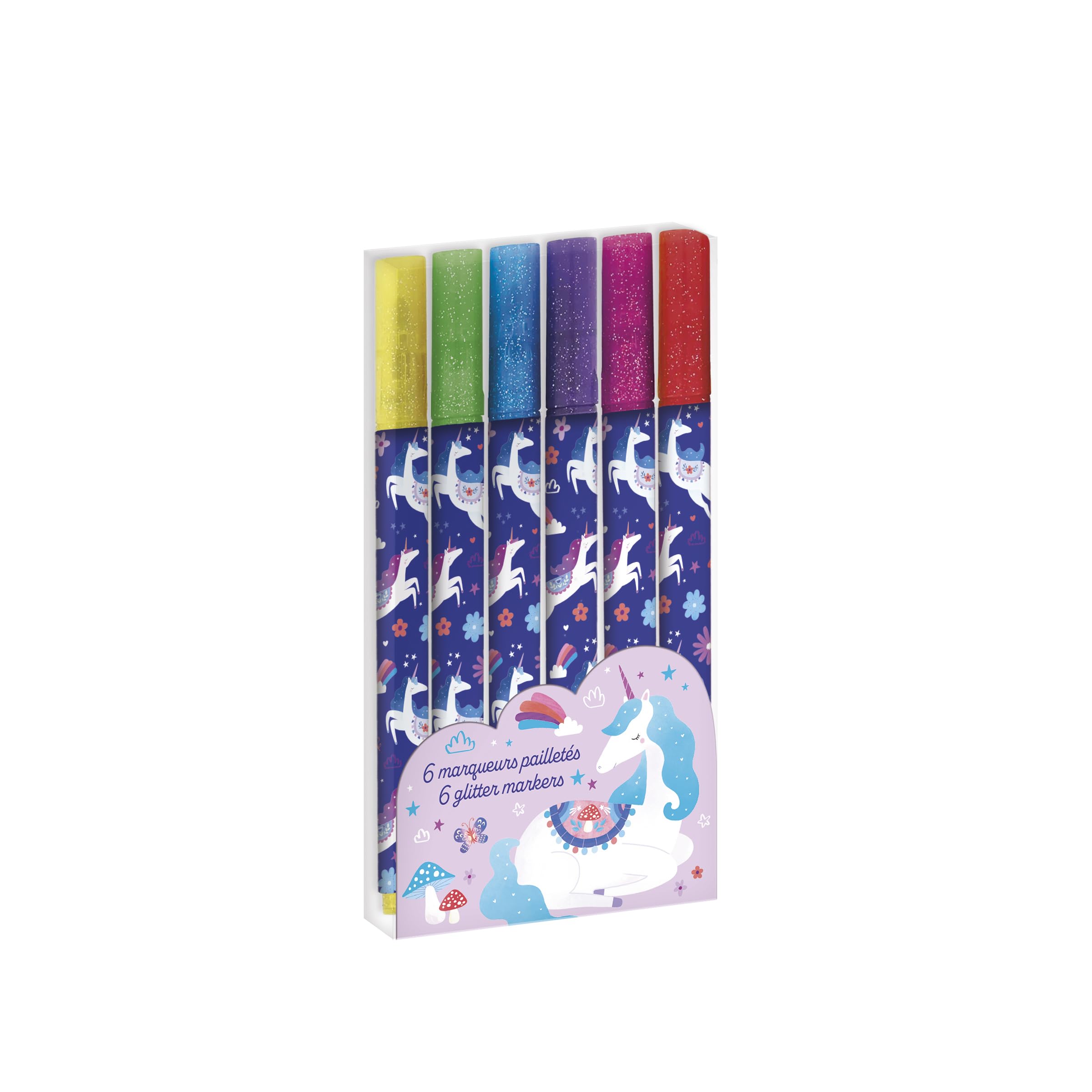 Janod, 6 Glitter Effect Markers, Unicorn Theme, 6 Colours, Magic Marker for Drawing Colouring, Crafting Art Crafts