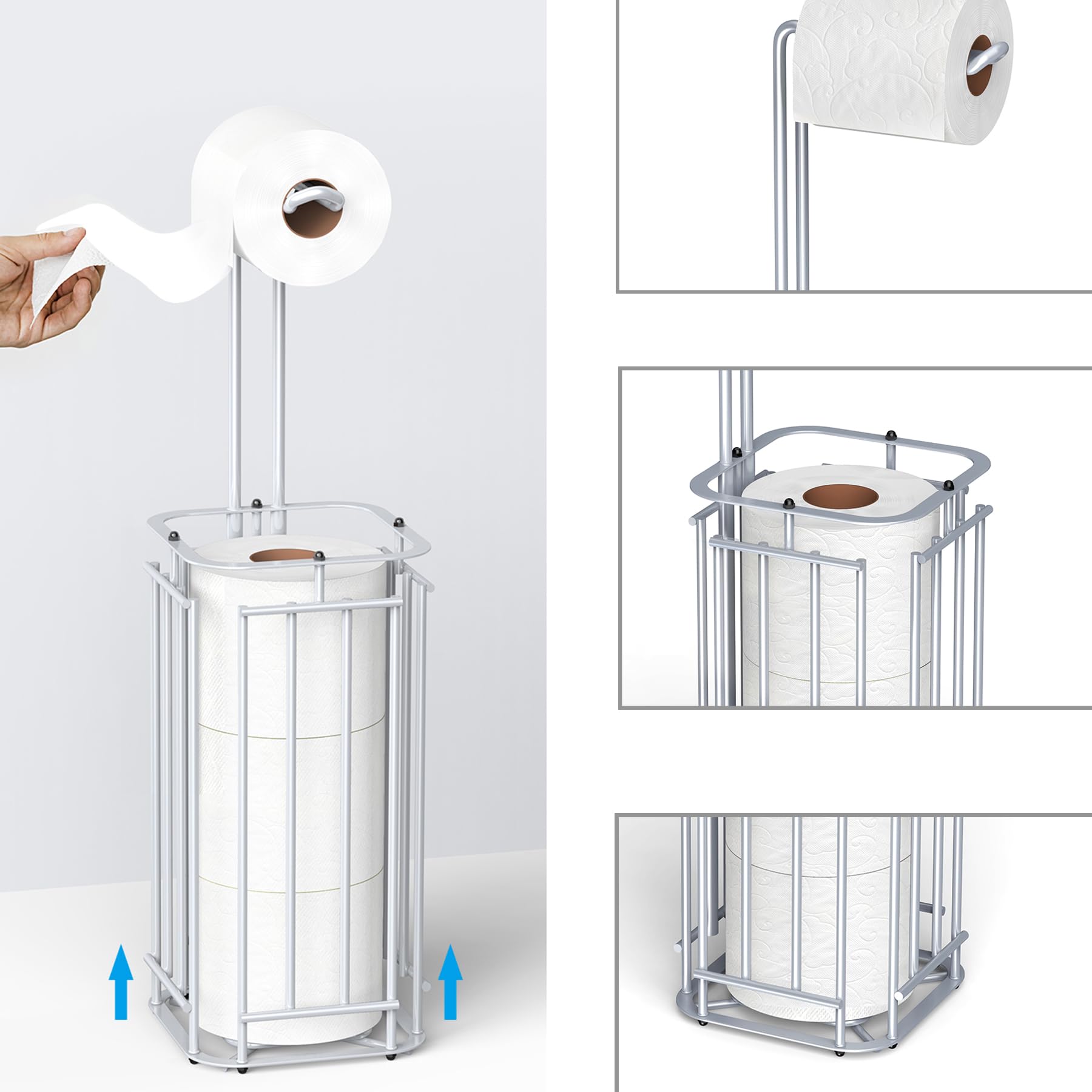 Meangood Porta carta igienica, dispenser quadrato per rotolo di carta, per 4 rotoli grandi, autoportante, per bagno, porta rotolo di carta igienica (argento)