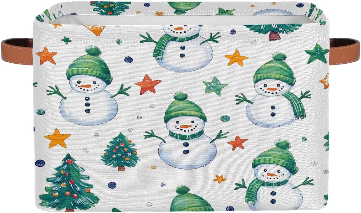 Storage Baskets for Shelves Green Snowman Christmas Tree Foldable Decorative Storage Basket Bins with Handles Storage Basket Box for Home, 2 Pcs