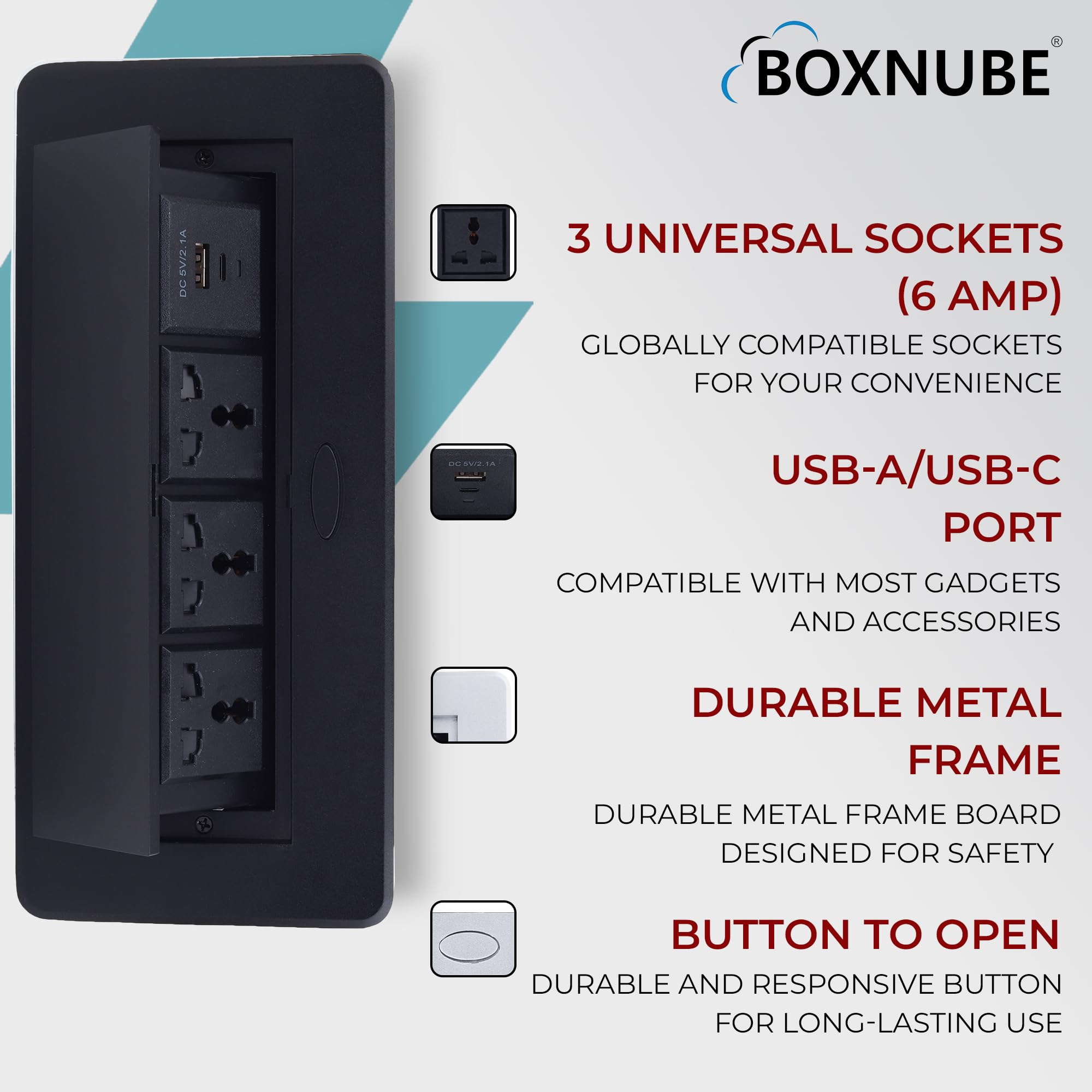 BOXNUBE Hydraulic Pop UP Box Cable Cubby Extension Board with 3 x Universal Power Sockets, 1 x USB Type C & 1 x USB A Ports (Black) 1