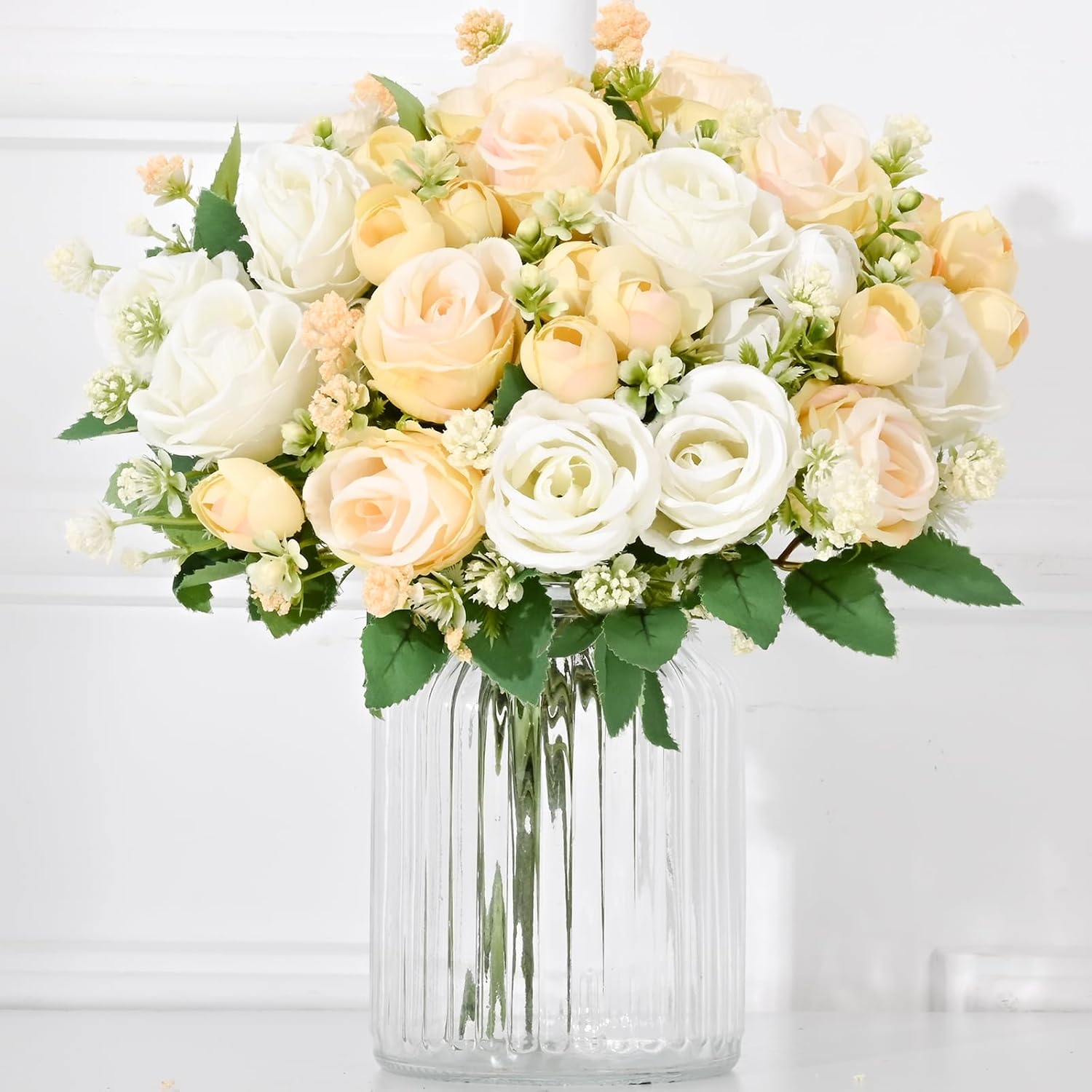 Yastouay Fake Roses Artificial Flowers, 10 Pack Rose Fake Flowers for Decoration, Real Touch Yellow White Mixed Roses Bouquets Silk Flowers for Vase Centerpiece Table Wedding Party Bridal DIY Decor