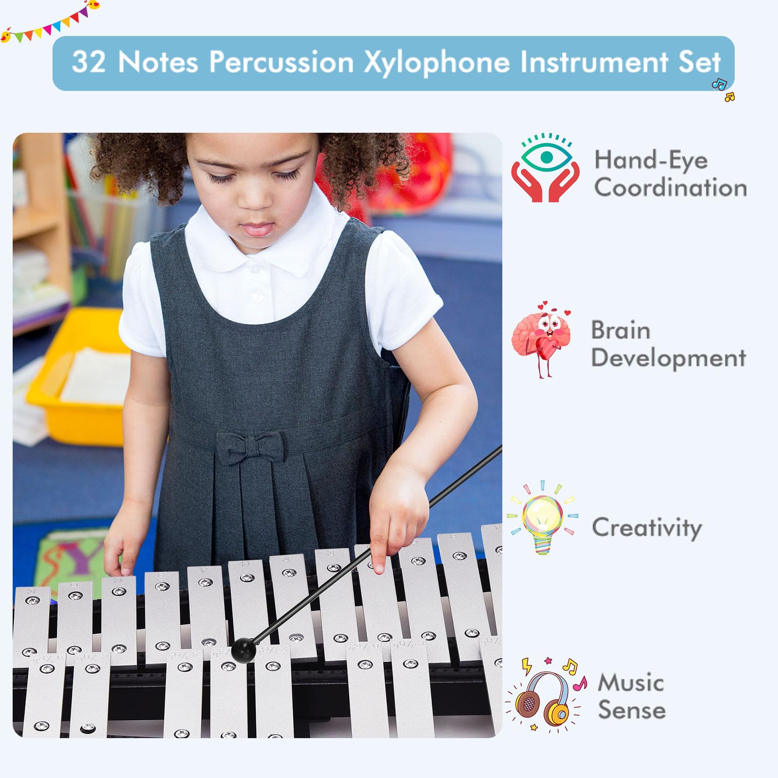 KOMFOTTEU Set con supporto regolabile in altezza, 32 note xilofono con 1 paio di bacchette e bacchette per batteria e 1 tamburo per esercizi a 8 angoli, per bambini, adulti