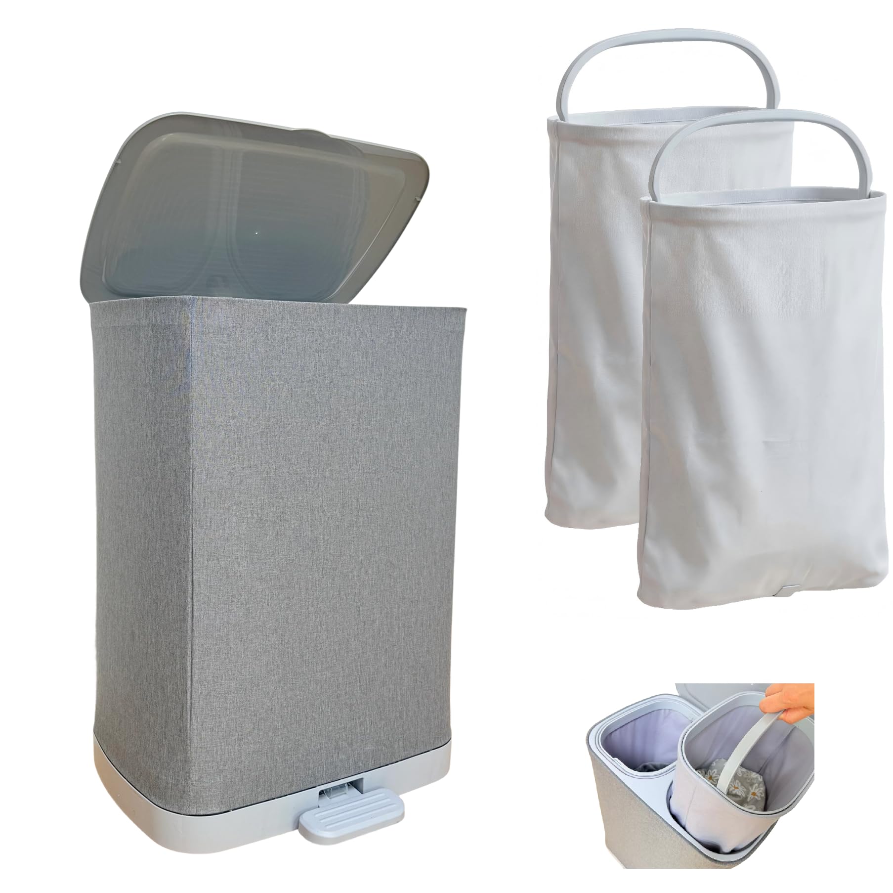 Wäschekorb, Wäschesammler Schmal 50l, Wäschekorb 2 Fächer mit Deckel, Laundry Baskets, WäScheköRbe mit Herausnehmbarer und Waschbarer Innentasche, Wäschetonne für Schmutzwäsche