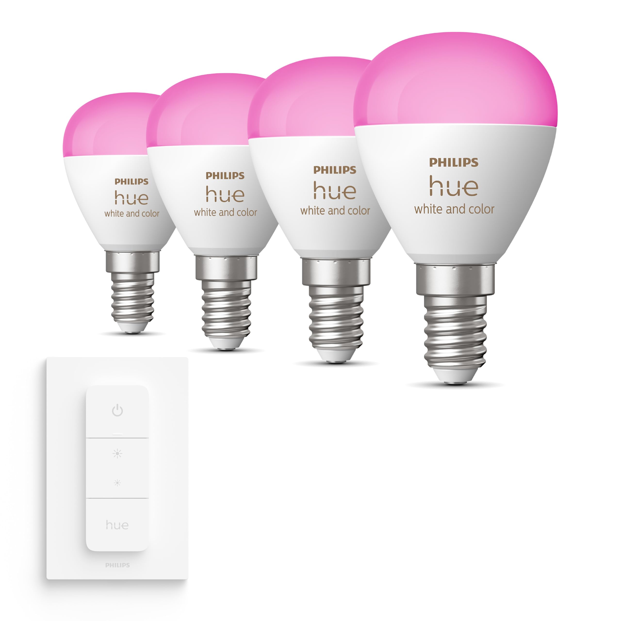 Philips Hue Pacchetto vantaggio - E14 - con 4 Lampadine LED a Sfera - Luce bianca e colorata - Incl. Hue Interruttore Dimmer - Hue White and Color Ambiance
