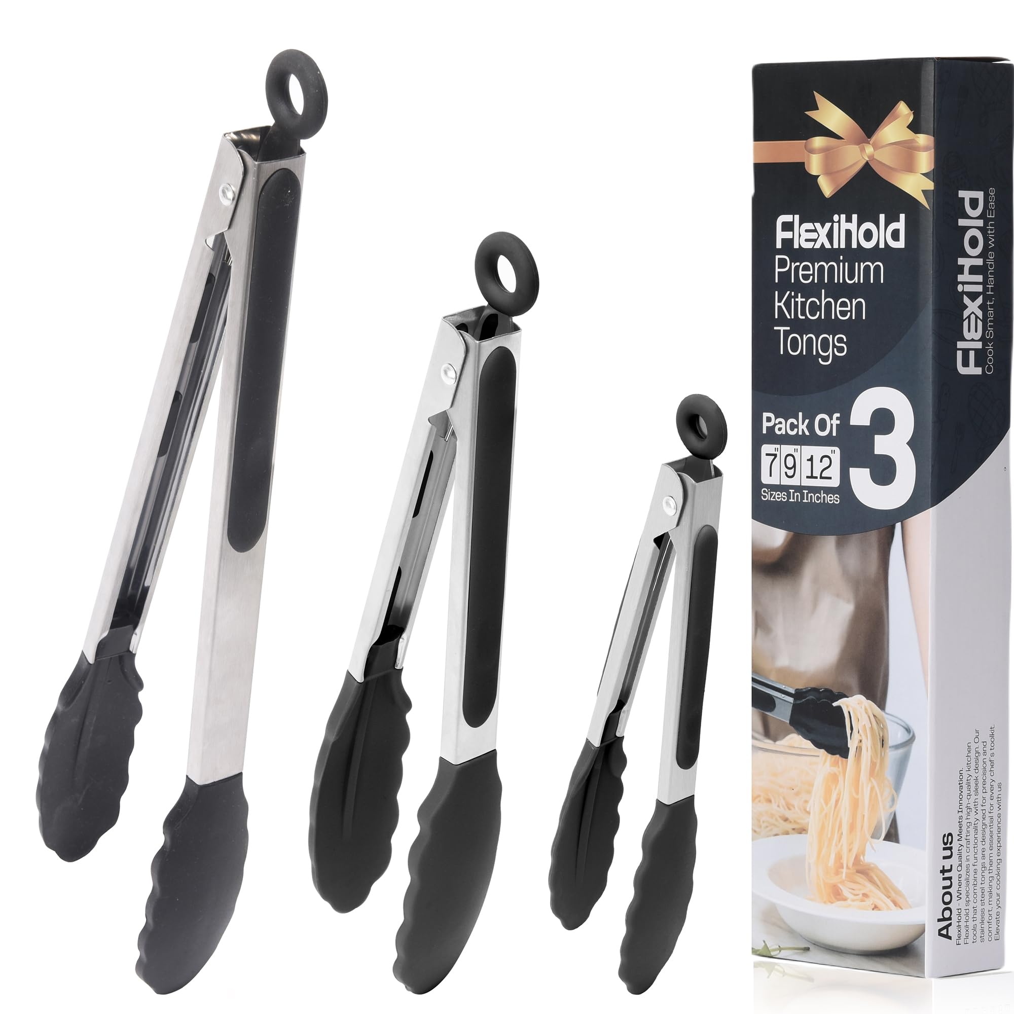 FlexiHold Stainless Steel Kitchen Tongs 3 Pack with Silicone Tips