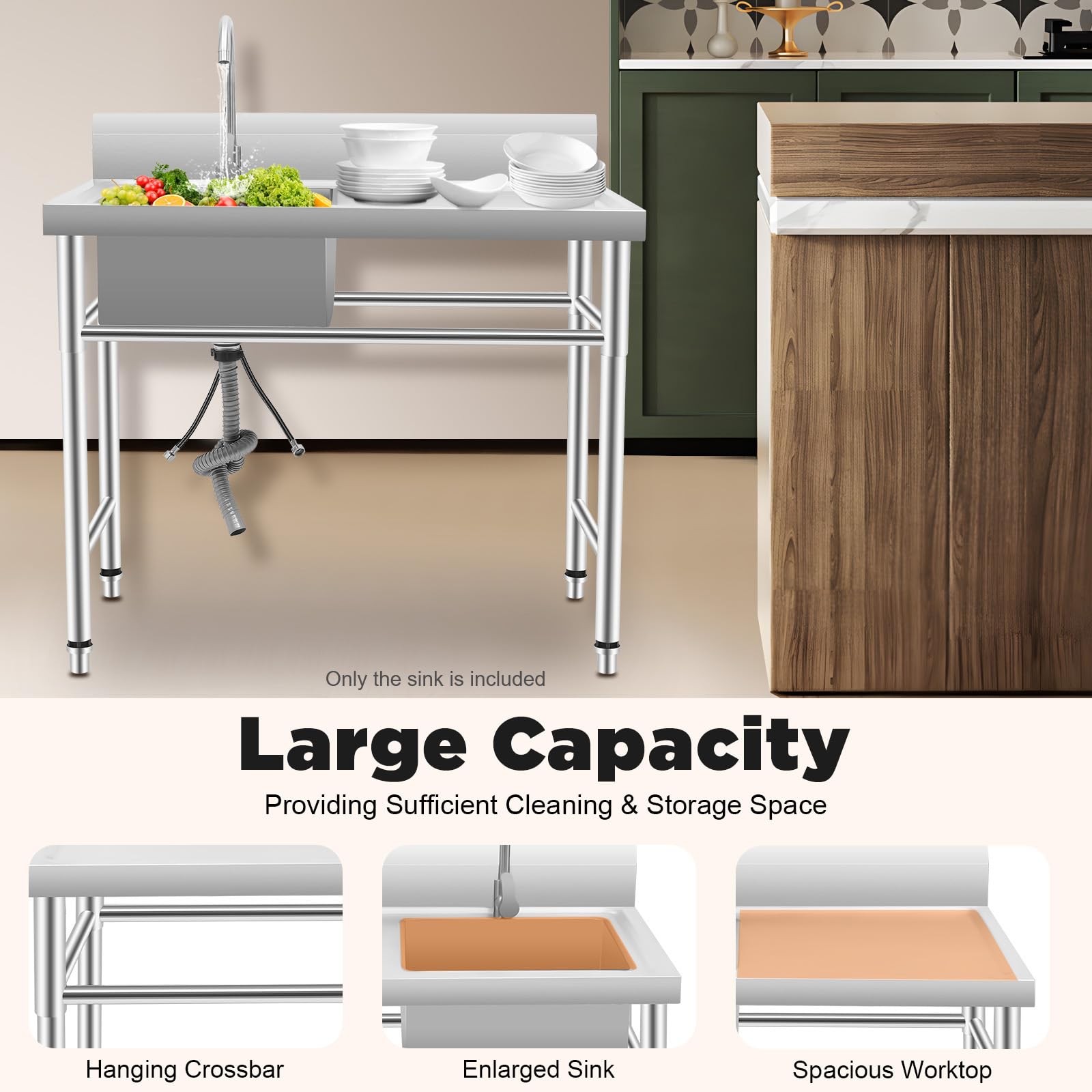 Fregadero de acero inoxidable con mesa de trabajo y grifo mezclador, 1 lavabo profesional, comercial, independiente, 100 x 60 x 93 cm, lavabo multifunción derecho Deluxe para cocina, lavandería garaje