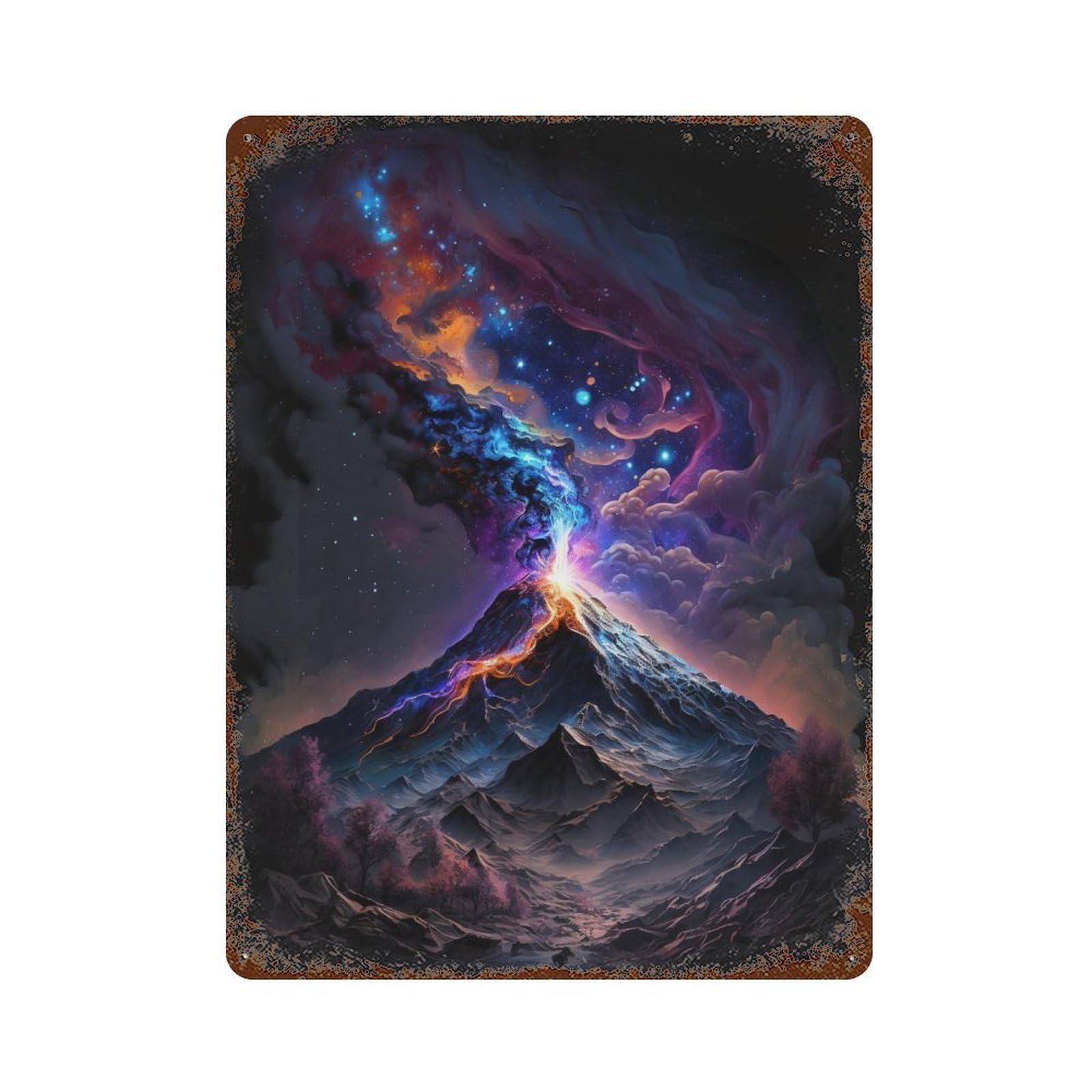 Volcanic Galaxy Landscape Decorative Tin Sign 15.7"x11.8", Retro Wall Decor for Garage, Pub Or Kitchen