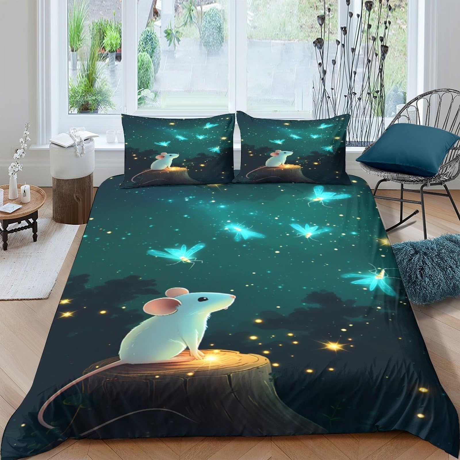 Ctjqhvkz Style-9 3D Printed Night Mouse Fitted Sheet Microfiber Soft Breathable Forest Firefly Bed Cover For Bedroom Dorm Mattress Decor Single（135X200cm）