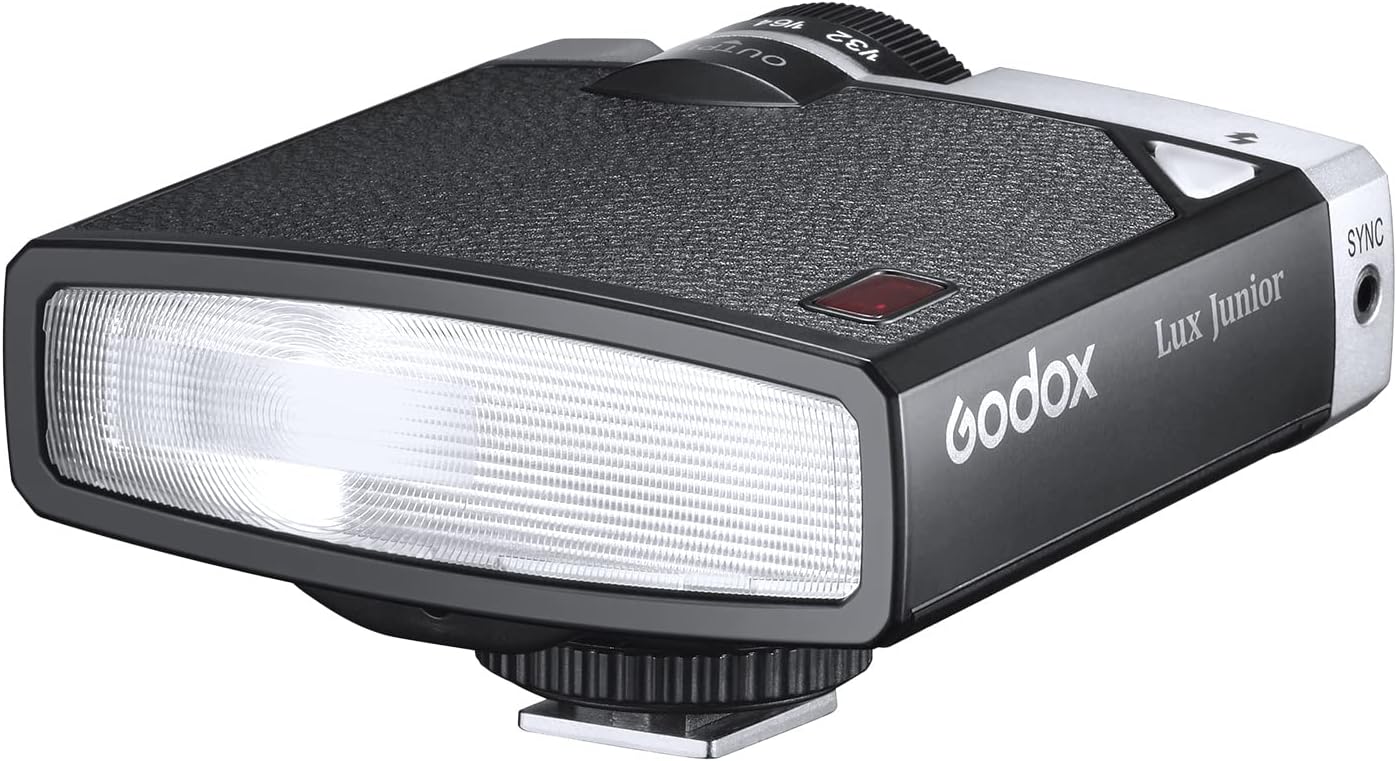 GODOX Lux Junior Retro Camera Flash GN12 6000K Color Temperature Auto & Manual Modes 1/1-1/64 Flash Power 28mm Focal Length Replacement for Canon Nikon Sony Fuji Olympus Hot-Shoe Cameras