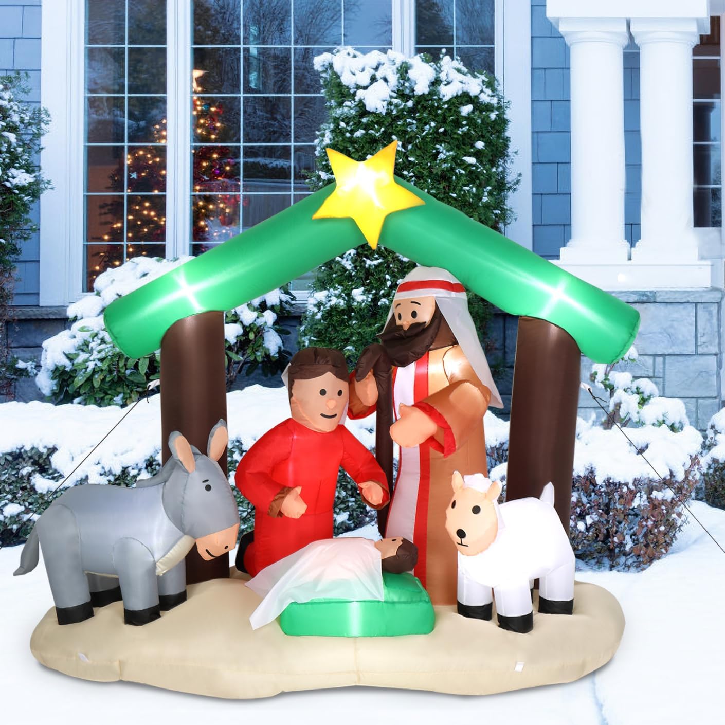 6 ft Christmas Inflatable Nativity Garden Jesus Decoration, Christmas Inflatables with 8 Lamps, Christmas Inflatable Outdoor Decoration for Holiday Party Front Yard Lawn Garden Decor