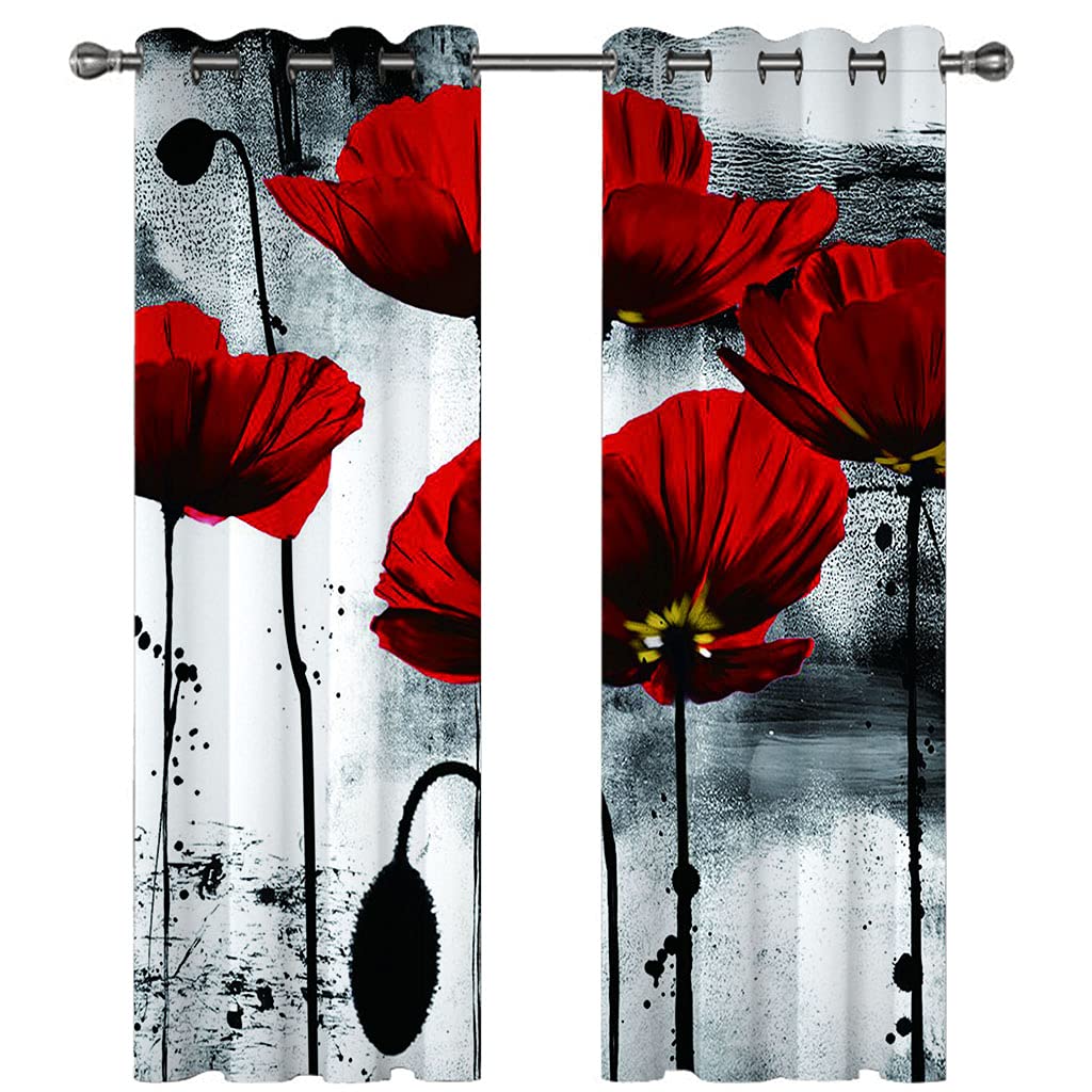 Cortinas Infantiles Moderno 3D Flores Rojas Cortinas Opacas De Habitación Niño Niña, 2 Piezas 250x200 Cm con Ojales para Ventanas Salon Dormitorio, Cortina Opaca Termica Aislante