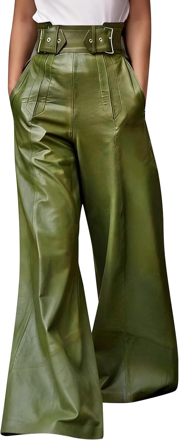 oshoplive Women's Faux Leather Pants PU High Waist Wide Leg Pants with Pockets Pleated Going Out Flare Trousers