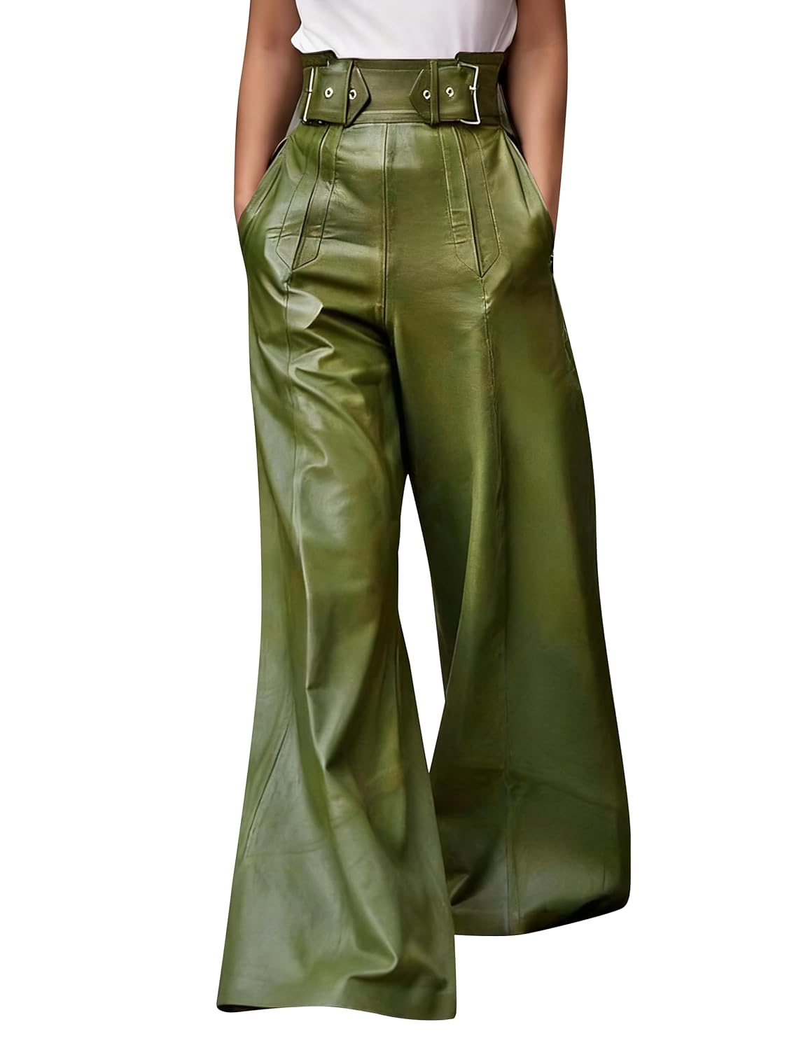 oshoplive Womens Faux Leather Pants PU High Waist Wide Leg Pants with Pockets Pleated Going Out Flare Trousers