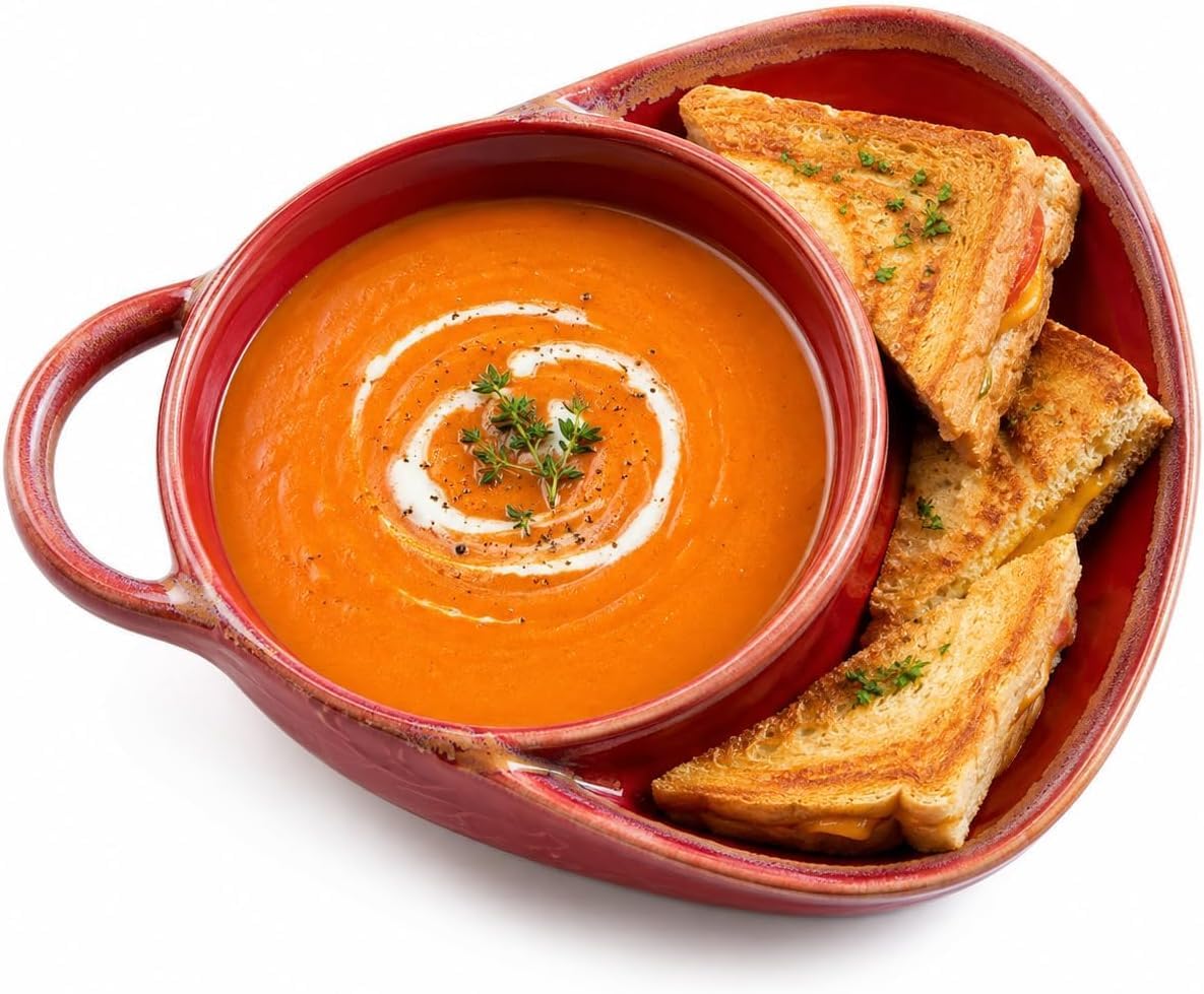 Soup and Sandwich Bowl, Ceramic Plate Combo with Bread Holder (Red)