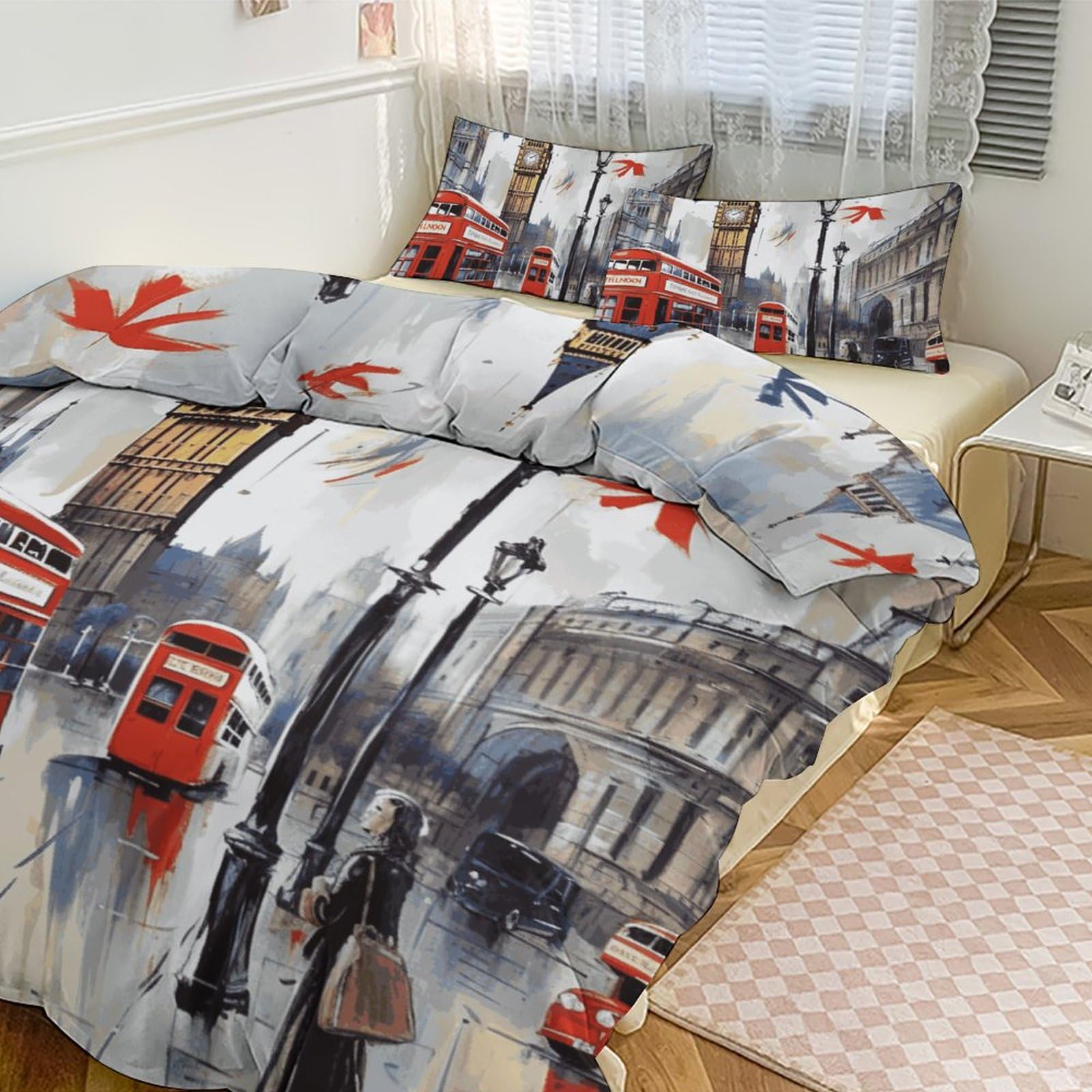 Parure de lit 3 pièces imprimé Londres avec couette épaisse pour grand lit 218x177 cm