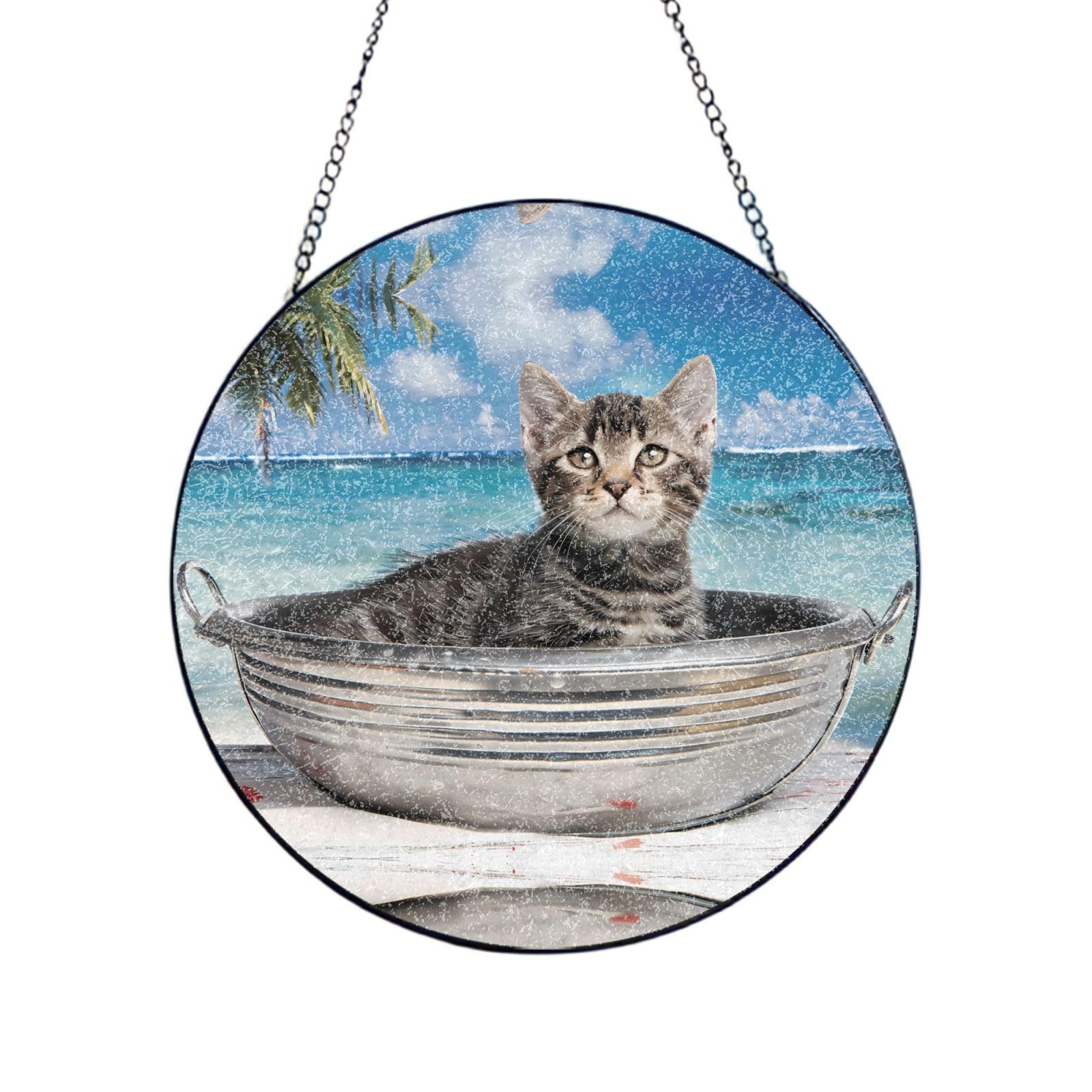 Poezjzw Stained Glass Window Hanging - Cat In A Basin Sun Catcher For Door Garden Home Decor Christmas Mother'S Day Birthday Gifts 10in（25cm）