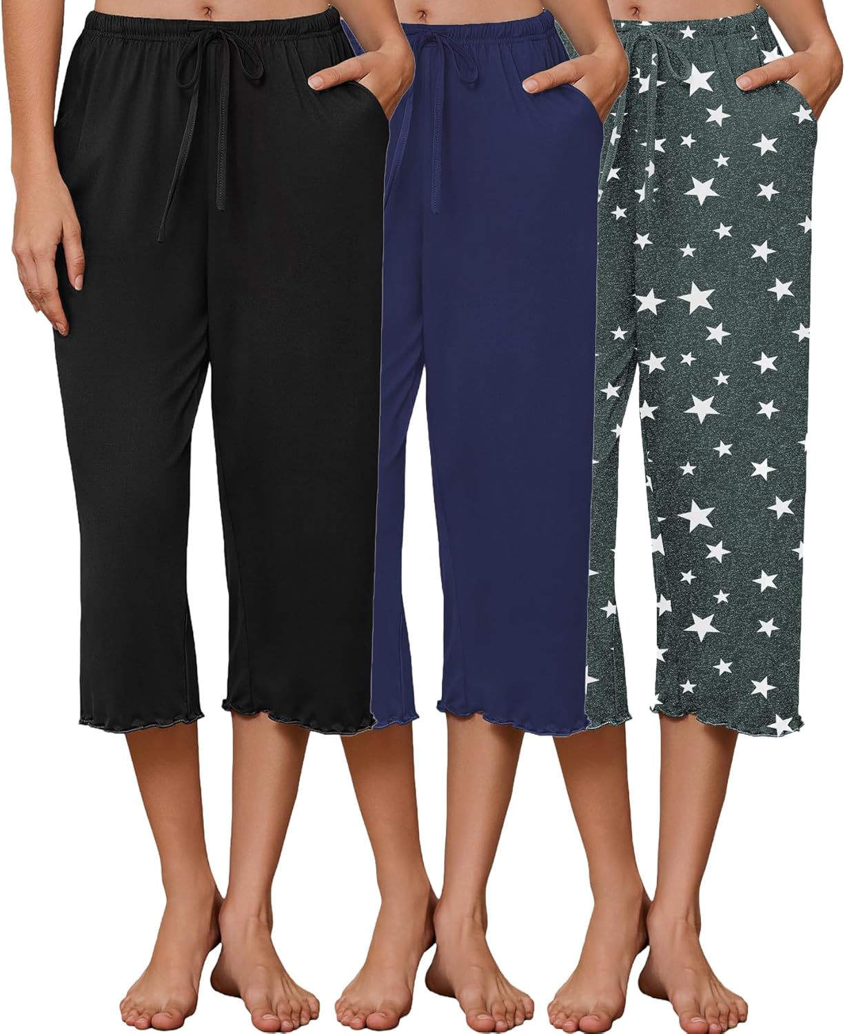 Ekouaer 3 Pack Women Capri Pajama Pants 2026 Ruffle hem Lounge Pants Drawstring Pj Bottoms with Pockets