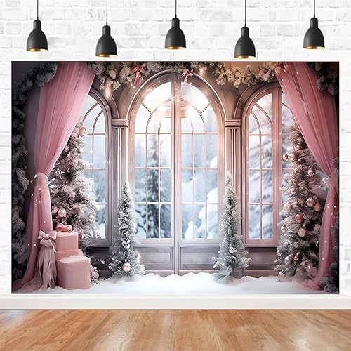 Miniatura 2 de Cortina rosa de invierno, fondo fotográfico de Navidad, invierno, nieve, bosque, ventana, fondo de fotografía, decoración de fiesta familiar, baby