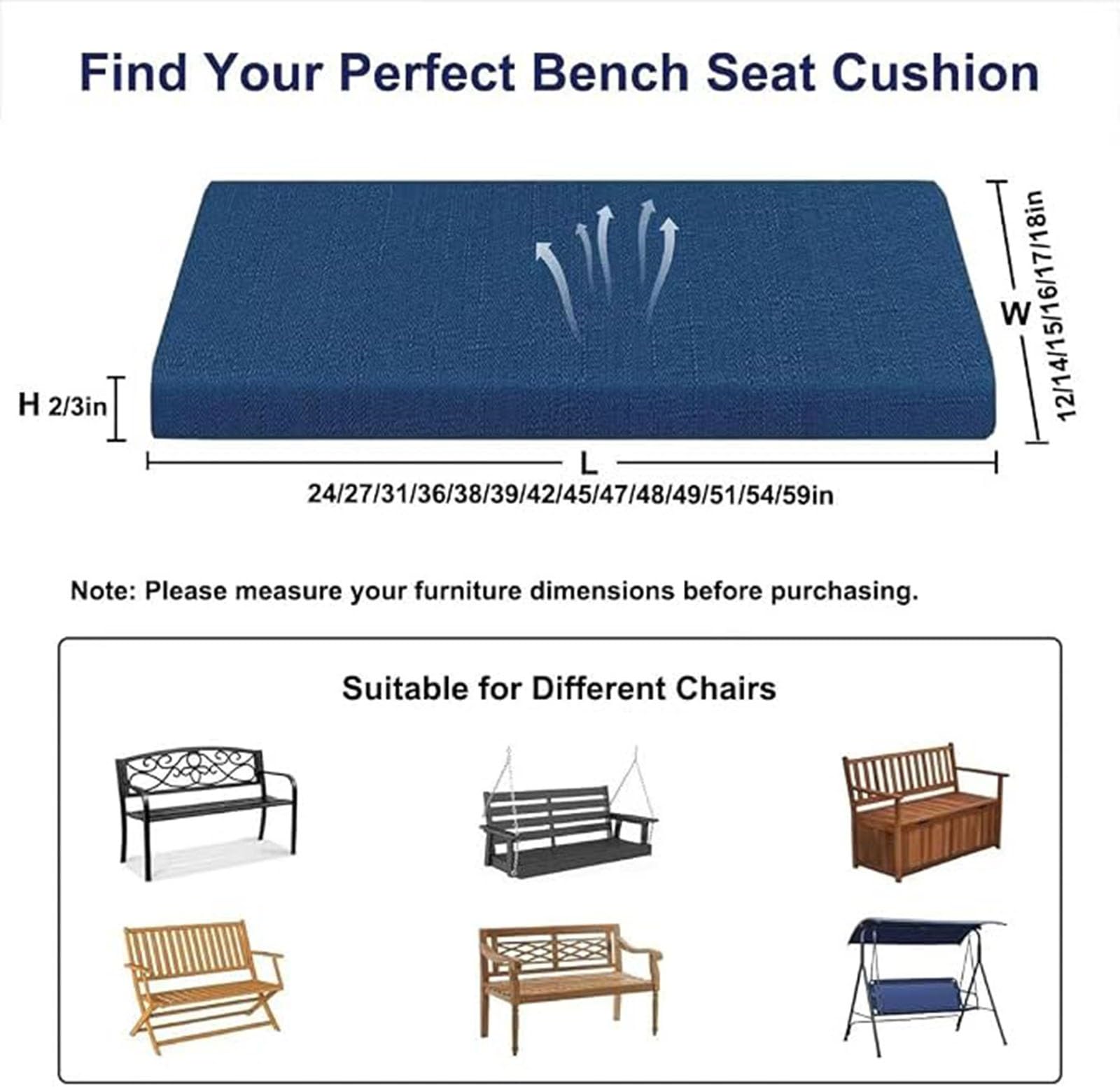 Cojín de asiento banco 2 pulgadas, antideslizante con lazos lavable