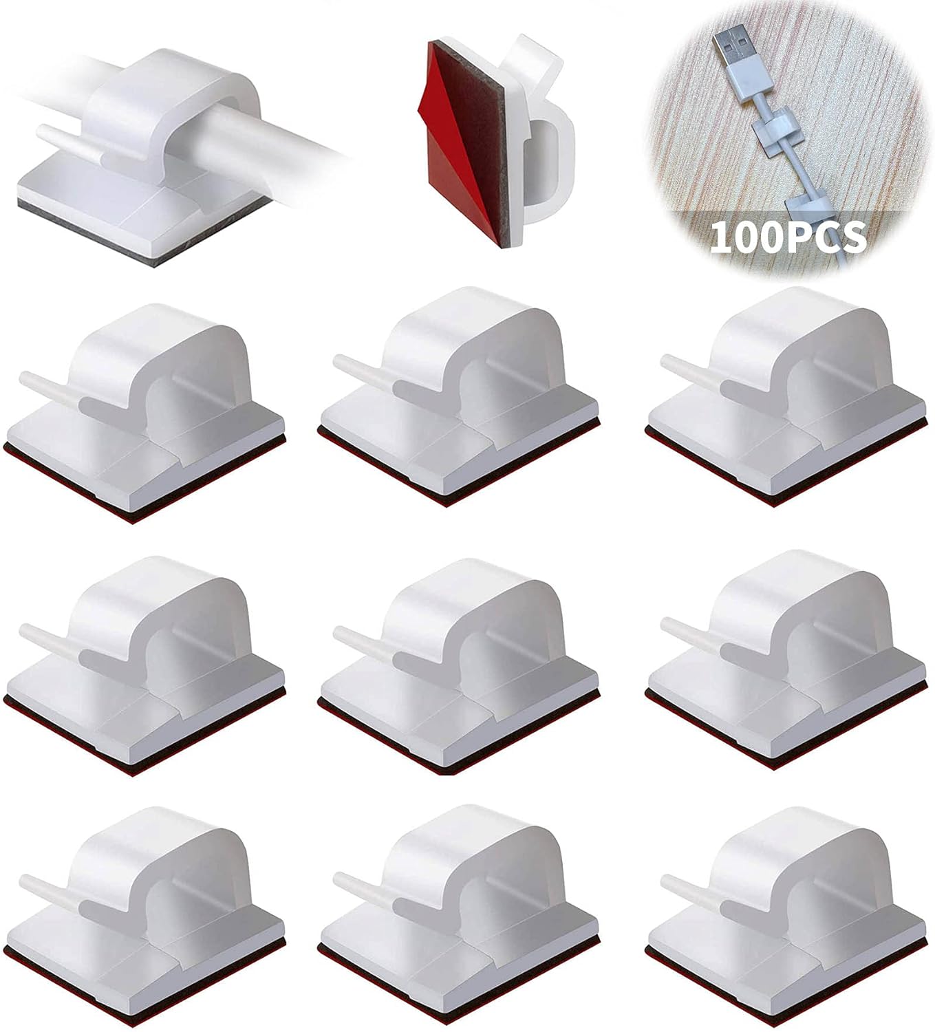 Bimkole 100pcs Cable Clips, Adhesive Wire Management Cable Cord Organizer Holder, Clamps Sticky Cable Tie Holder for Wall, Cable Holder for Car, Office and Home Desk (White)