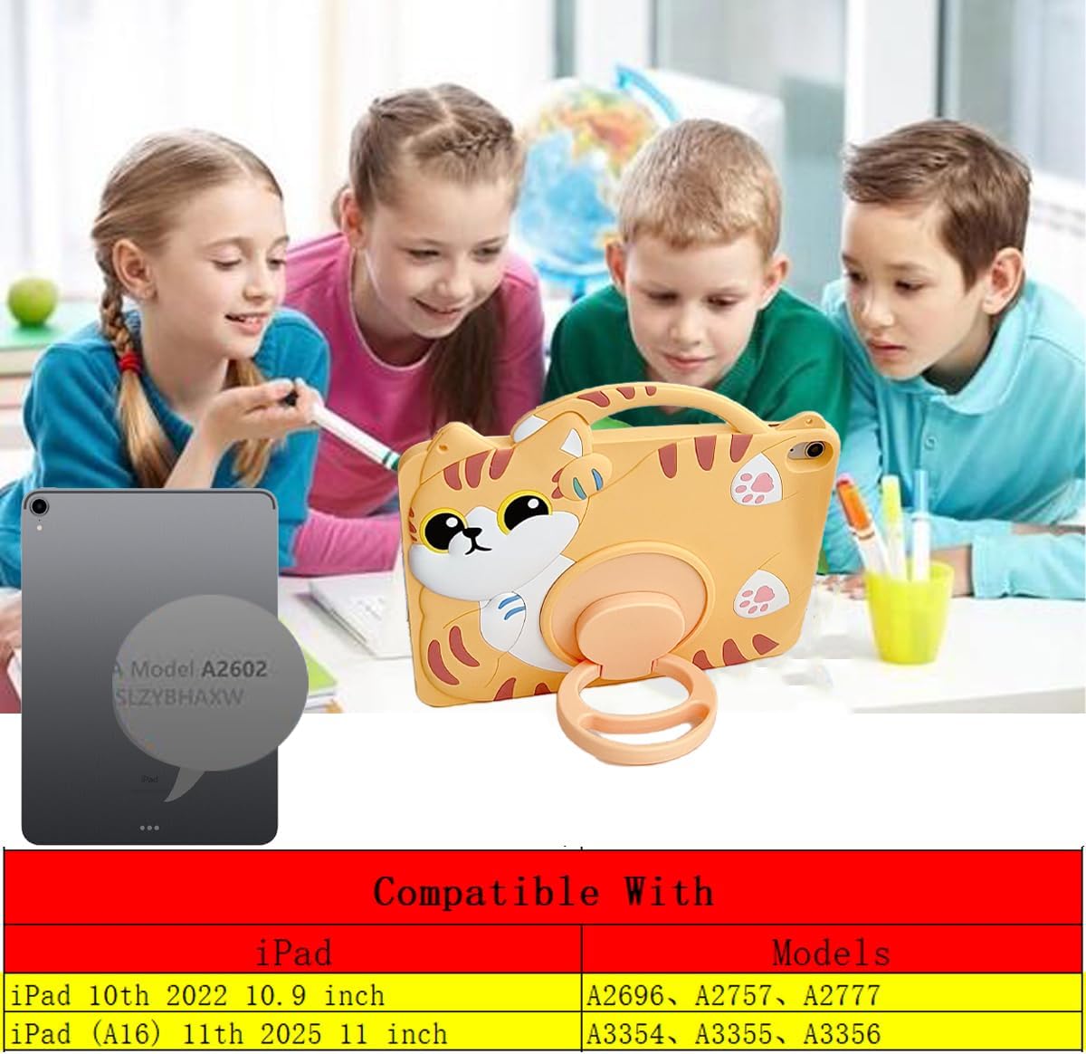 3D Cute Vivid Cat Case for iPad 10th Generation (2022) 10.9 inch/iPad (A16) 11th 2025 11 inch,Cartoon Character Pretty Cat Soft Silicone Rotating Stand Case with Lanyard for Kids Teens Girls Women