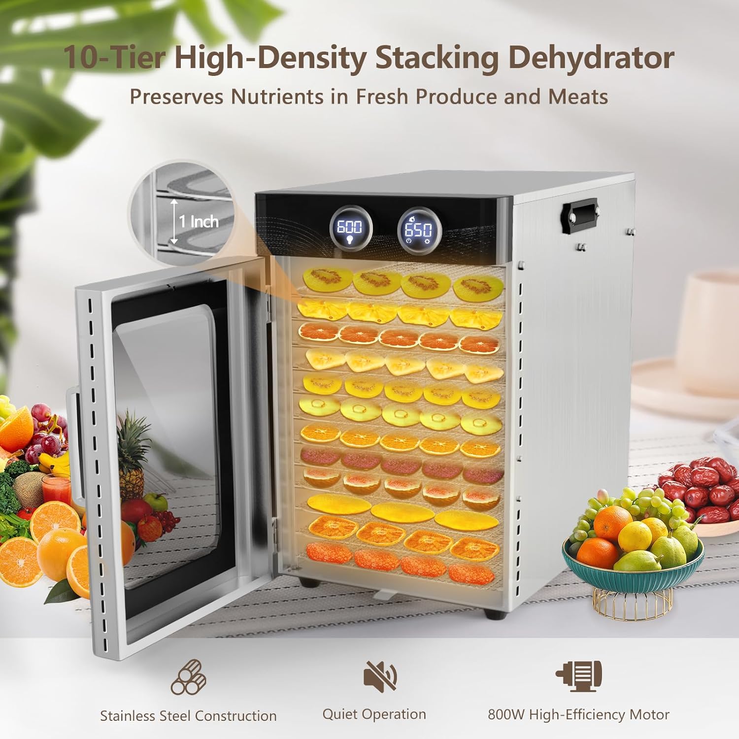 Food Dehydrator 12-Tray 1200W for Jerky, Fruit, Meat, Herbs, Premium Stainless Steel, Adjustable Timer, Temperature Control, Overheat Protection