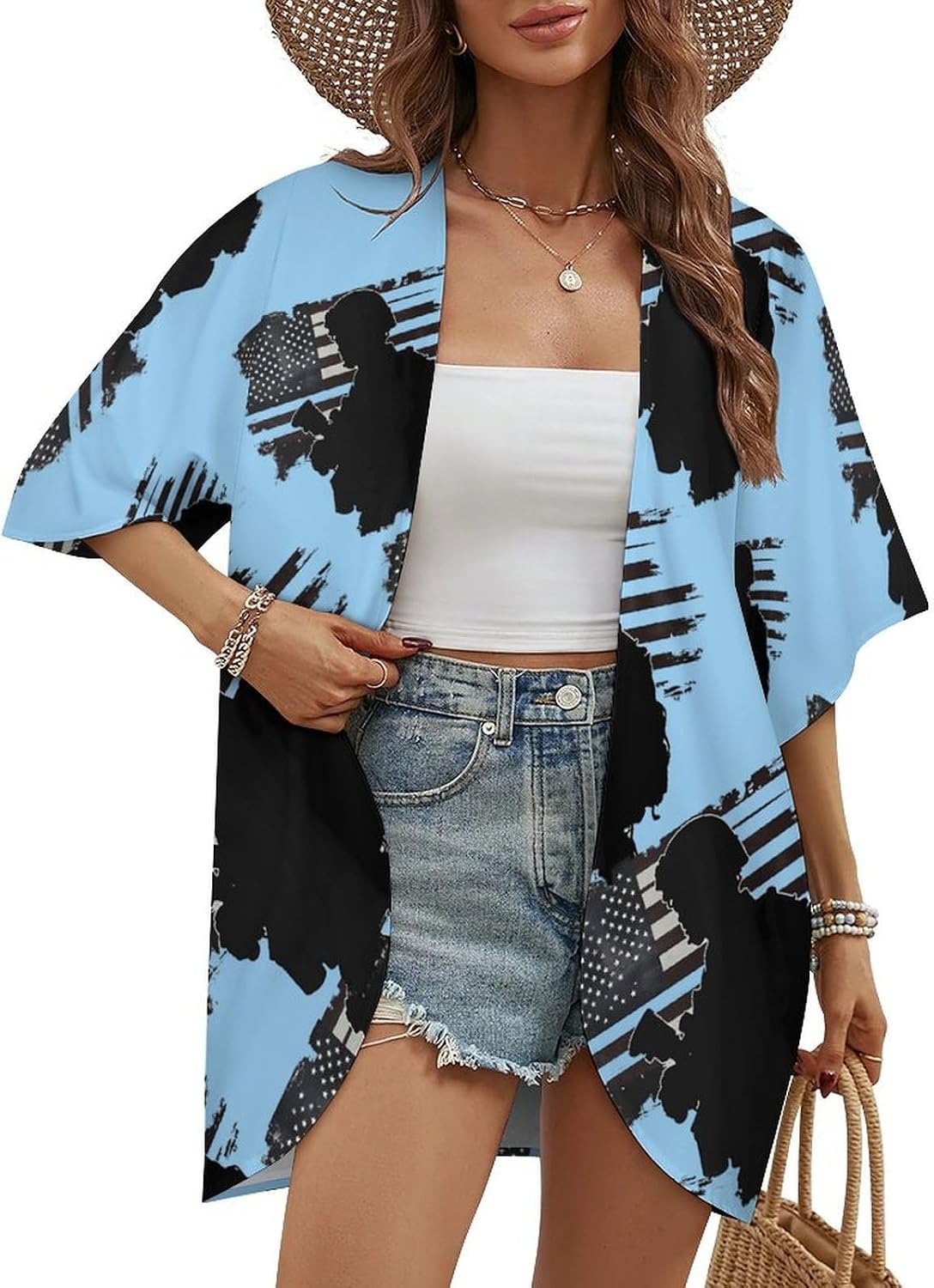 Us Flag Army Military Women's Open Front Cardigan Short Sleeves Jacket Lightweight Sweaters Tops