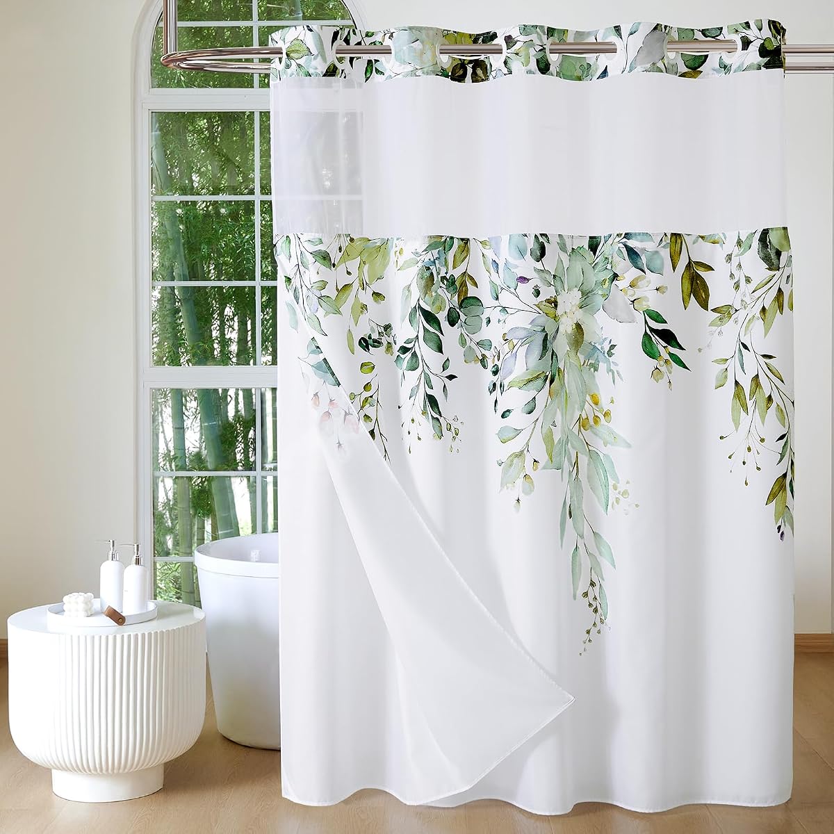 QiyI No Hook Shower Curtain with Snap in Fabric Liner, Sage Green, 72 x 75 | Eucalyptus Leaves, See Through Top Window, Waterproof Washable Cloth, Ringless Bathroom Shower Curtain Set