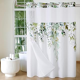 QiyI No Hook Shower Curtain with Snap in Fabric Liner, Sage Green Eucalyptus Shower Curtain with See Through Top Window, Waterproof Washable Cloth Ringless Shower Curtain Set for Bathroom, 72 x 75