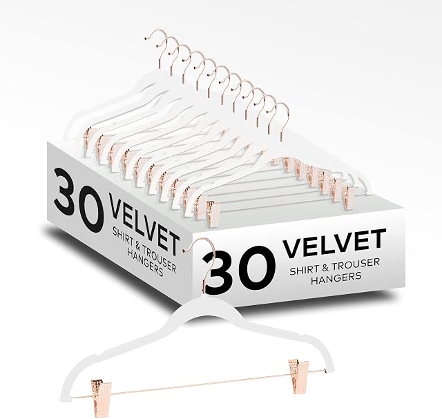 AVOS-DEALS-GLOBAL  30 Trouser Hangers, Skirt Hangers, Non-Slip Velvet Coat Hangers, Space Saving Velvet Clothes Hangers, 42.5cm Long Heavy Duty with Movable Clips, for Skirts, Jeans, Pants & Dresses