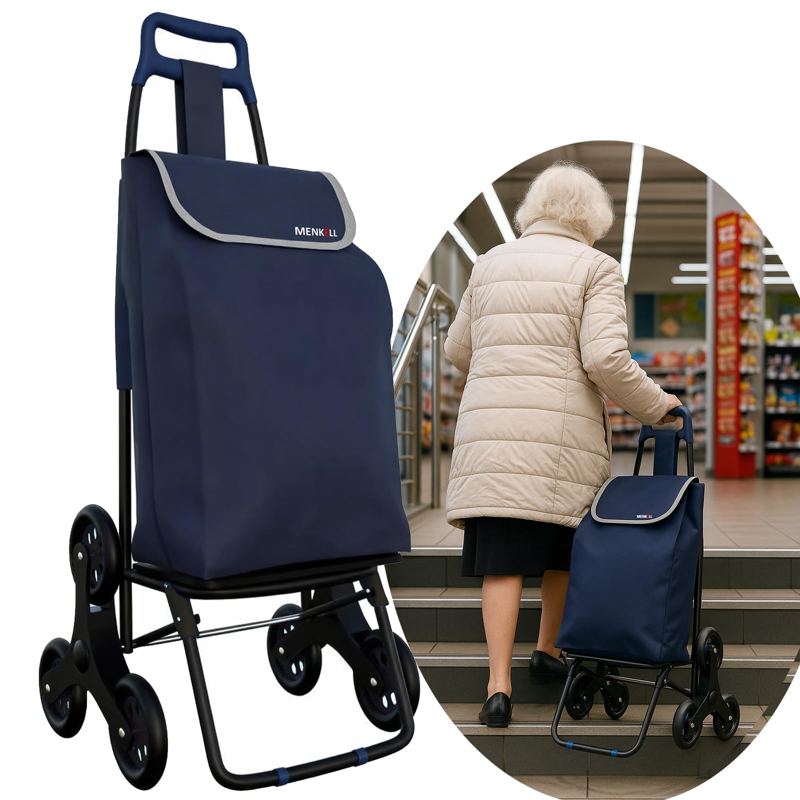 Carrellino per la Spesa con 6 Ruote Girevoli Saliscale - Borsa Impermeabile da 35L, Rimovibile per Trasporto Acqua - Pieghevole, Leggero e Compatto - Perfetto Anche per Anziani (Blu)