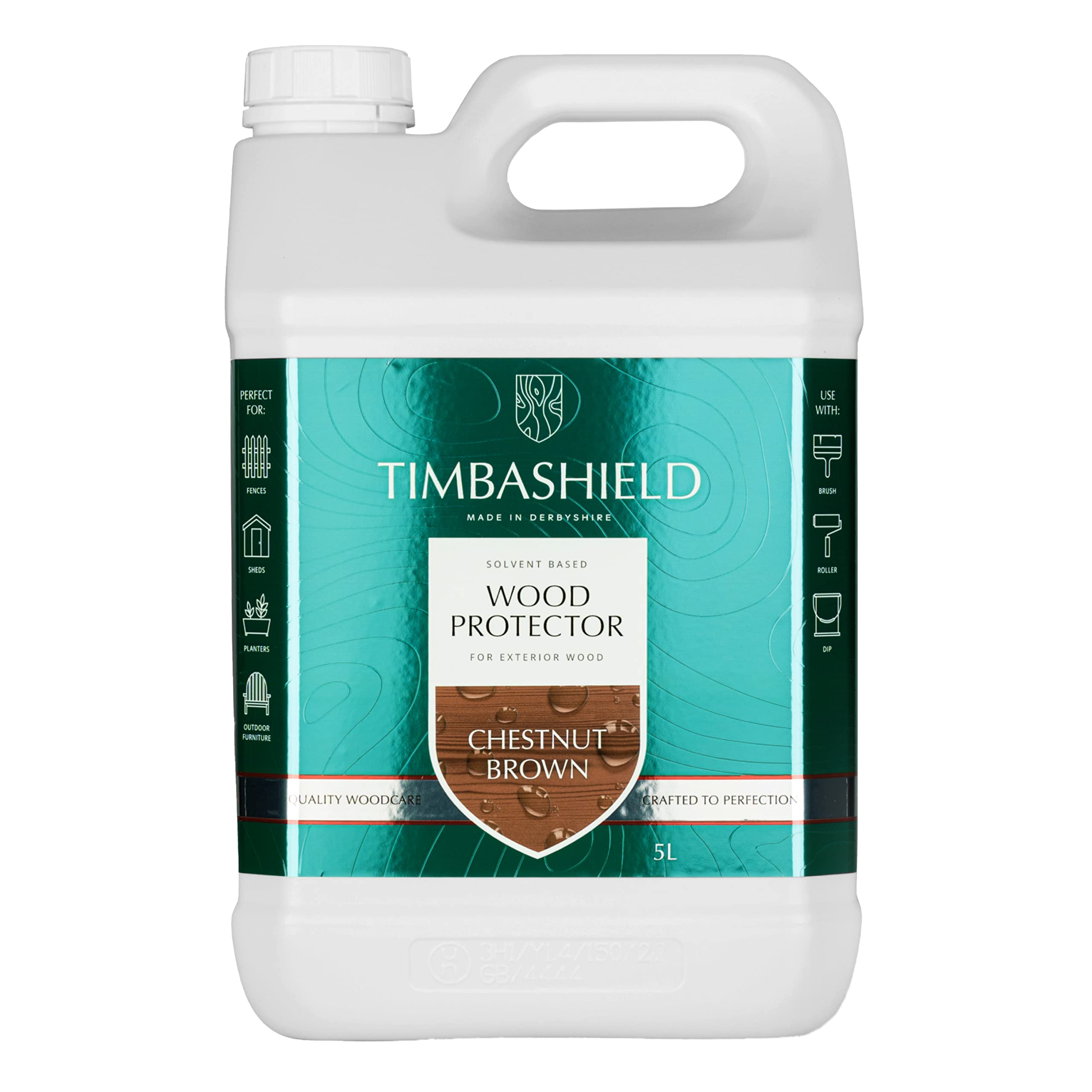 Timbashield - Solvent Based Wood Protector - Chestnut Brown - 5L - Wood Stain & Waterproof Protection - Protection from Dry-Film Fungal Growth - Treatment for Sheds, Fences & General Garden Furniture