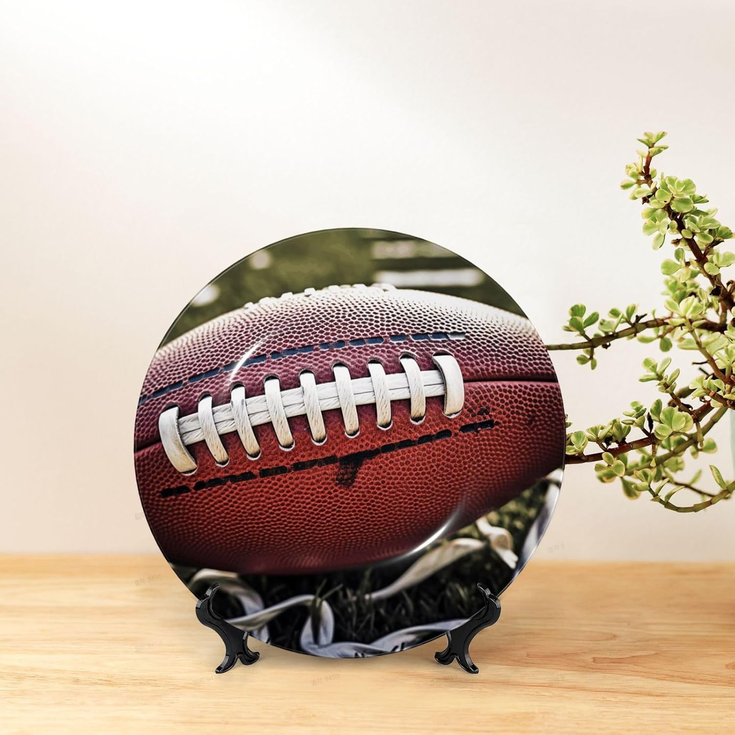 Bone China Decorative Plate with Display American Football Laces Ceramic Plates Crafts Art Decor Dessert Plate Ceramic Ornament Porcelain Plates for Living Room Kitchen Table Home Decor