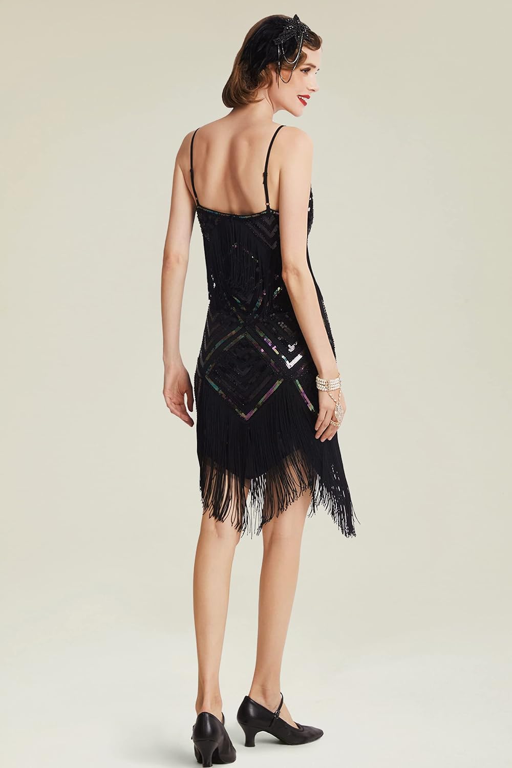Abito Anni '20 Con Paillettes E Frange – Set Completo Con Ventaglio, Guanti E Accessori – Vestito Gatsby