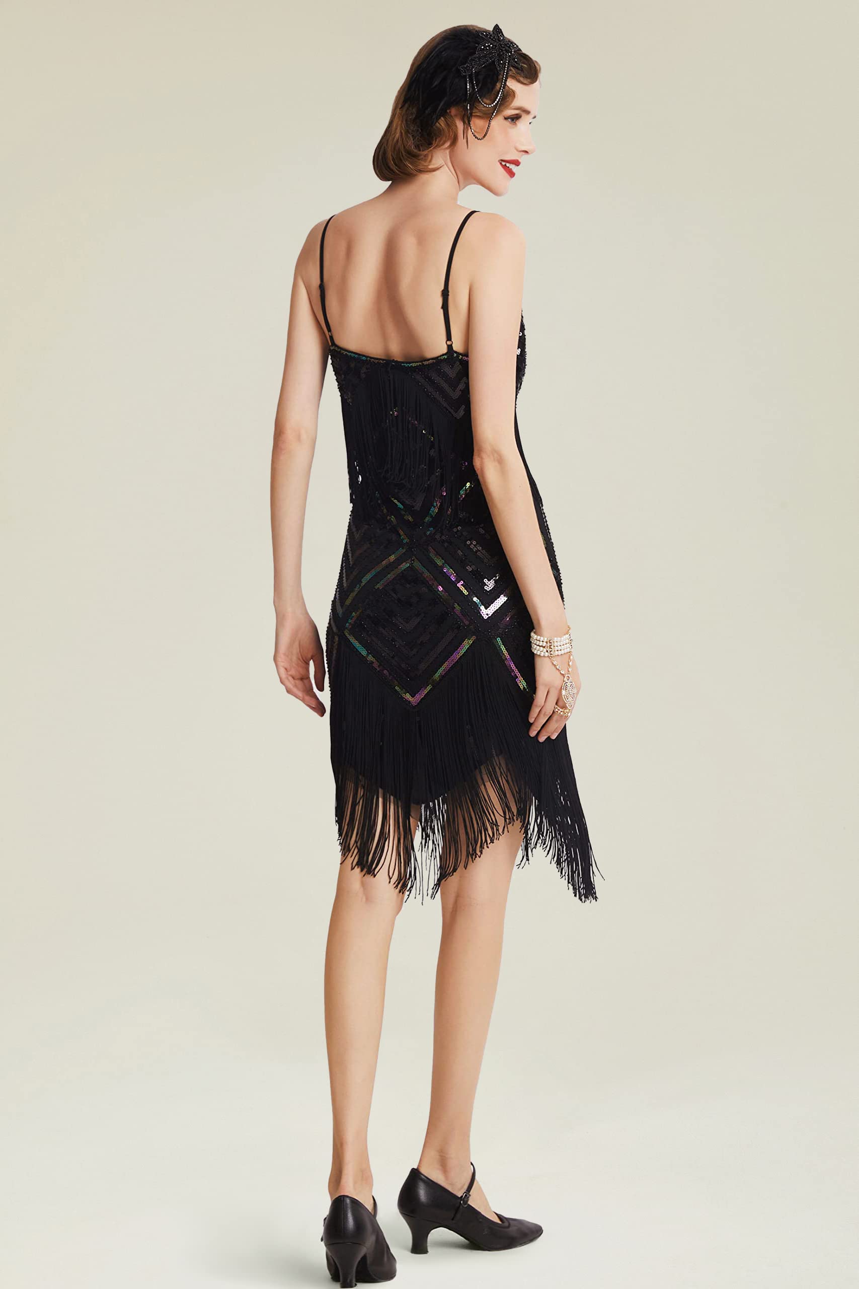 Coucoland Robe à Franges Années 20 - Col en V, Sequins, Sans Manches - Costume Gatsby, Soirée, Cocktail, Charleston (Noire, M)