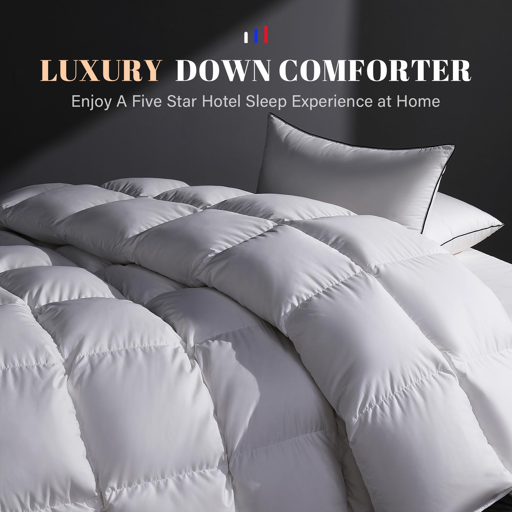 DOWNSTORIA Feather Down Comforter Twin Size Duvet Insert, All Season True Baffle-Box Noiseless Bedding Comforters, Soft Hotel Collection Bed Comforter, Medium Warmth - White, 68 X 90 in.