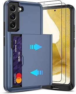 Sliding Card Holder Case for Samsung S22 | Hidden Slot Cards | 2 Screen Protectors | Shockproof & Anti-Slip Protective Wallet Cover | Durable Dual-Layer Design for Galaxy S22,Blue