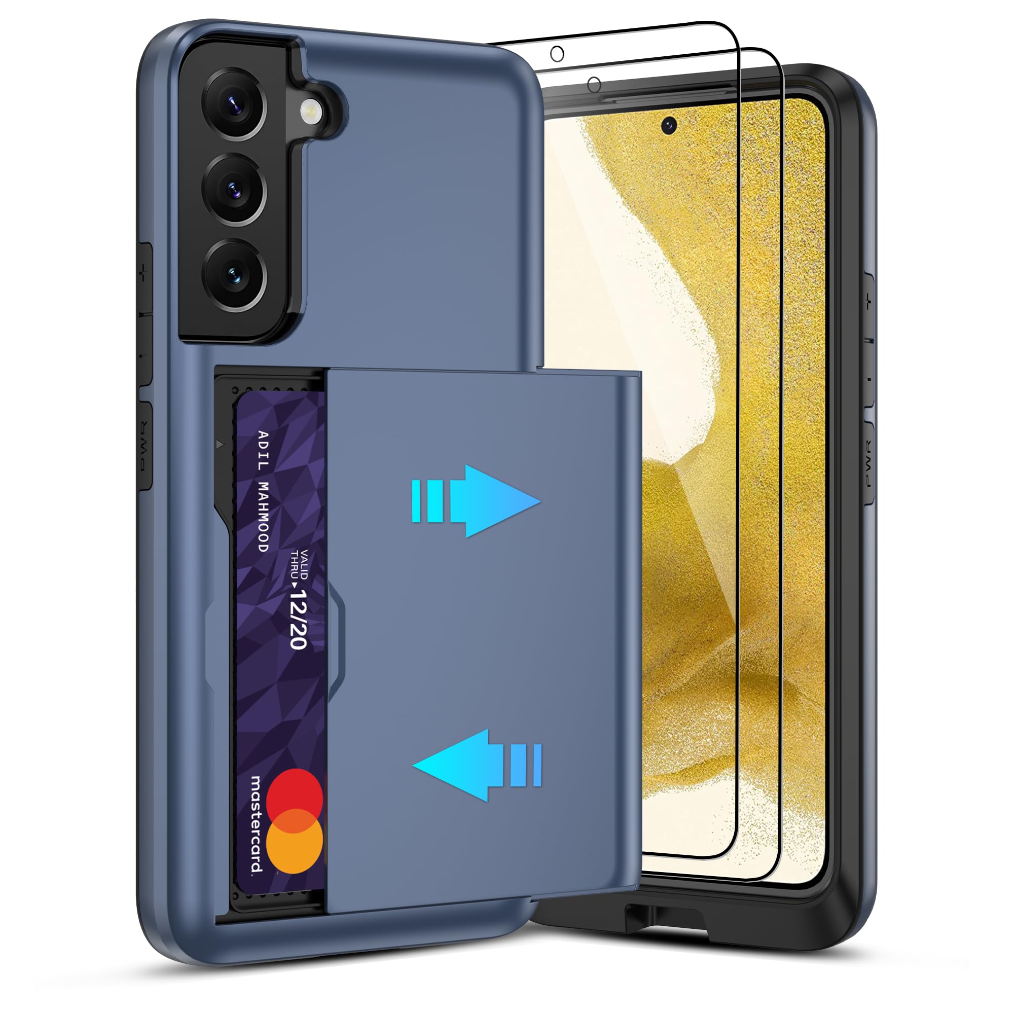Pilaru for Galaxy-S22-Case with Card Holder: Wallet Phone Funda para for Samsung S 22 Cover Rugged Heavy Duty Women Anti-Slip Military Grade Shockproof Slim Credit Cards Cases Samsung S22 (Blue) Global Recycled Standard Global Recycled Standard Global Recycled Standard