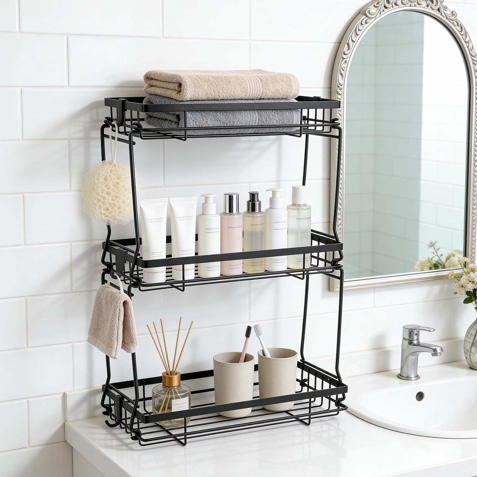 Estante de Inodoro Organizador de baño, Estante de Baño con 3 Estantes, Estante de Baño Multifuncional Ajustable, Estanteria Baño Encima WC, Fácil de Montar para Baño, Lavandería, Negro