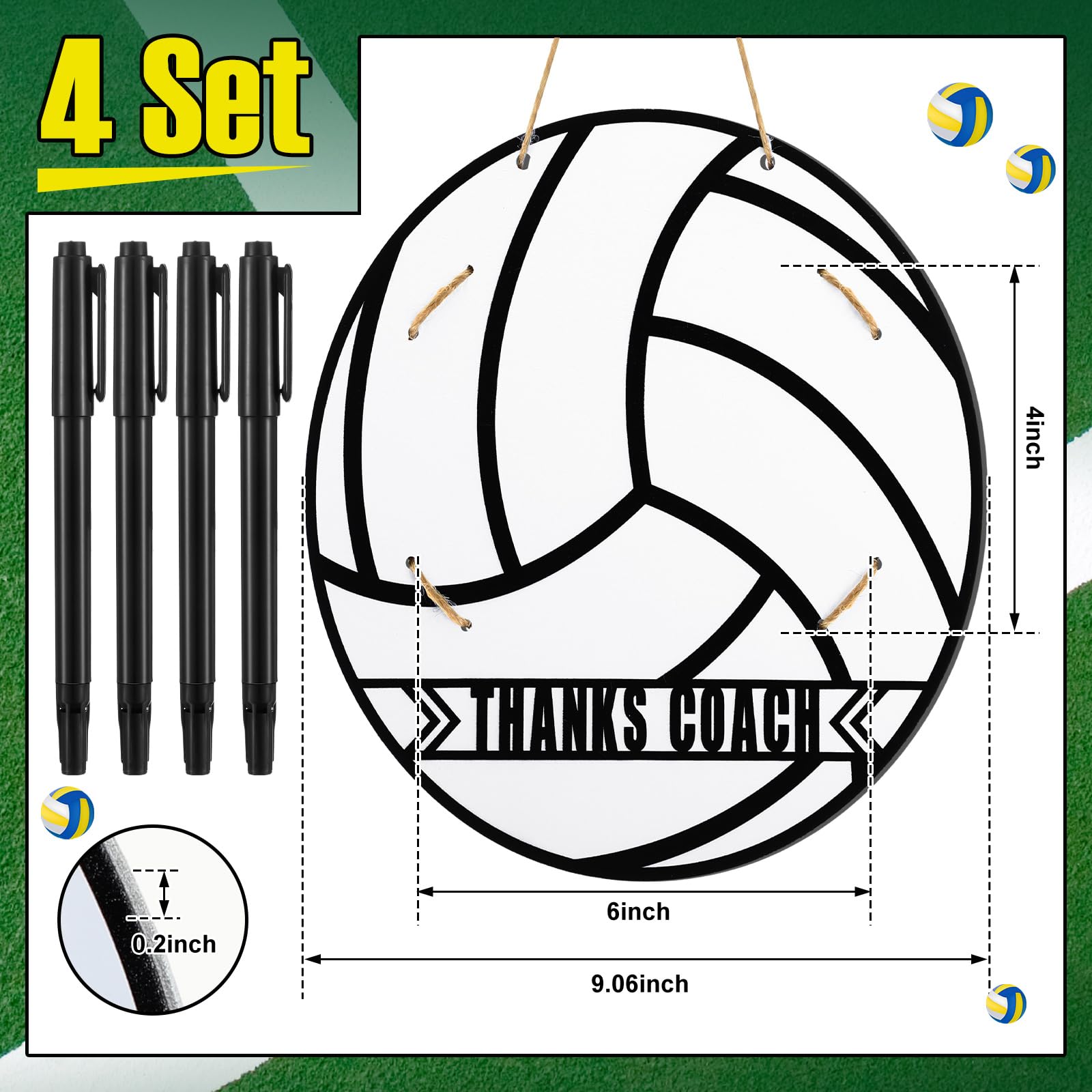Cinnvoice 4 Set Volleyball Thanks Coach Picture Frames with Signature Pens Fits 4 x 6 Inches Photos Wooden Picture Frame Thanks Volleyball Coach Gift from Team Coaches Appreciation Home Plate Plaque
