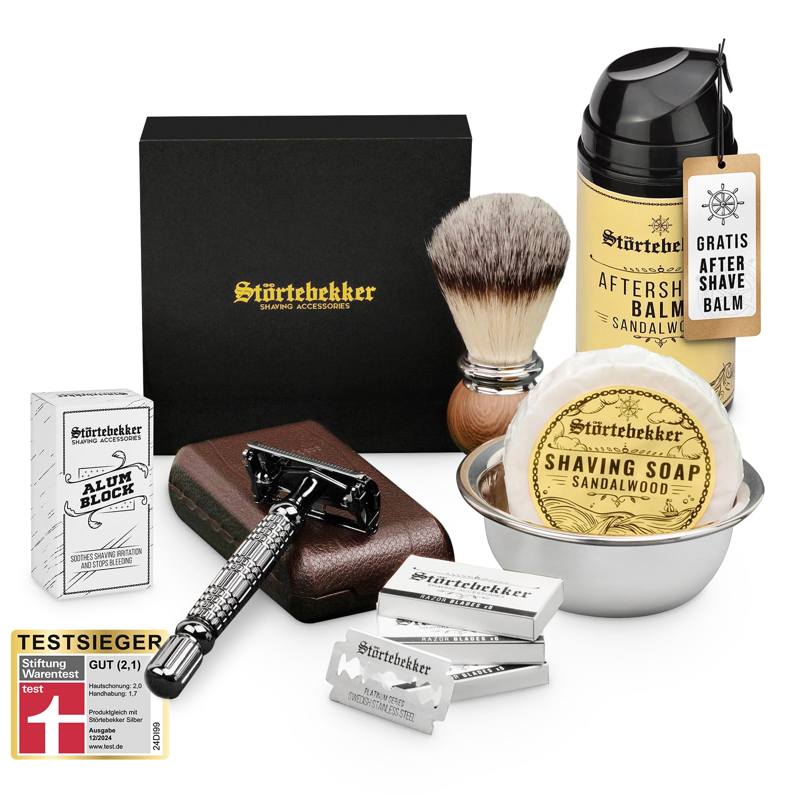 Störtebekker® Shaving Essential zestaw – maszynka do golenia w zestawie ze skórzanym etui (kawiarnia) i 10 ostrzami, pędzel do golenia, mydło do golenia Tortuga, miska do golenia, balsam po goleniu i