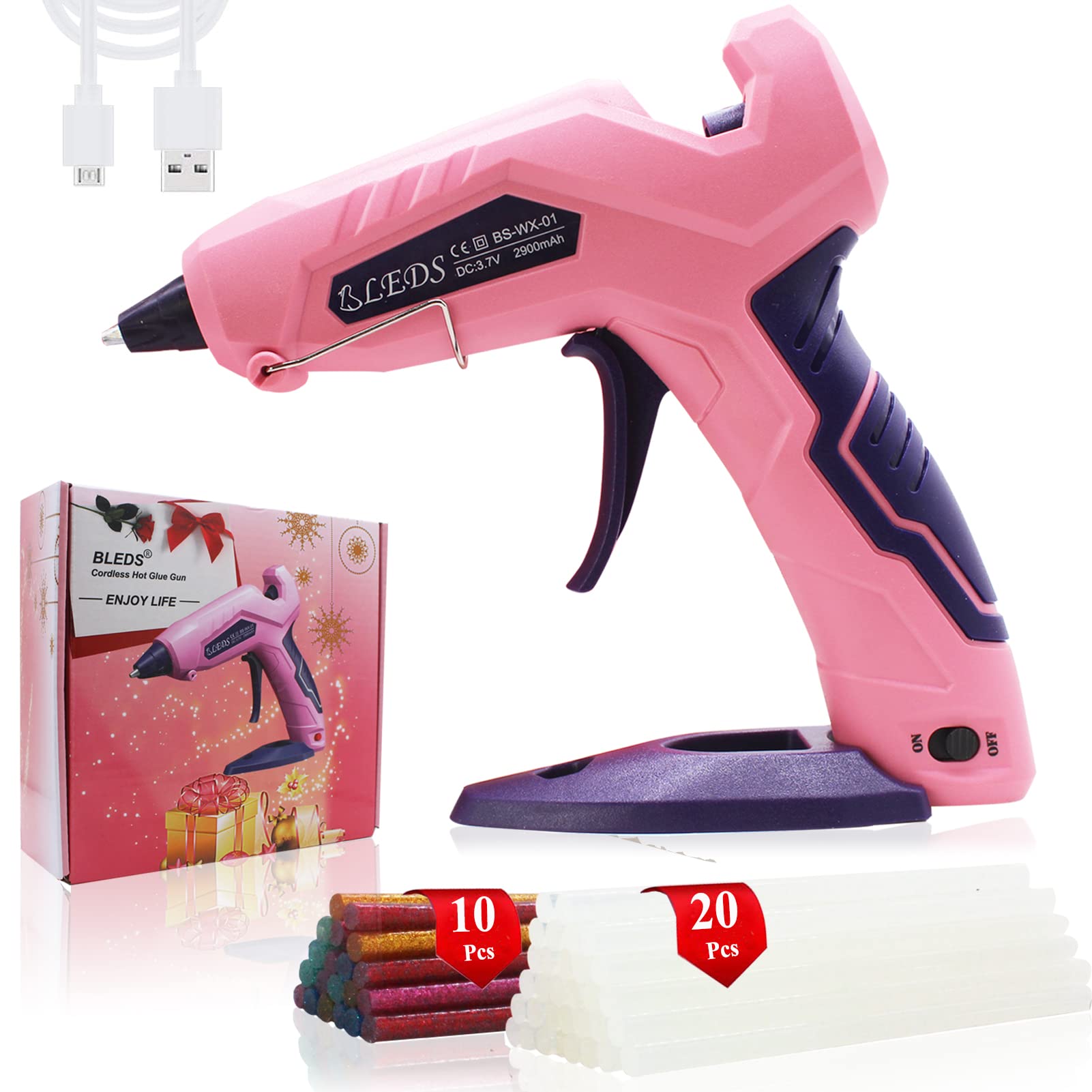 BLEDS Cordless Glue Gun, Rechargeable Fast Preheating Hot Glue Gun Kit with 2900 mAh Li-ion Battery 30 Pcs Colorful Glue Sticks Stand-Up Mini Hot Glue Gun No-Drip USB-C for DIY Gift Craft Decor
